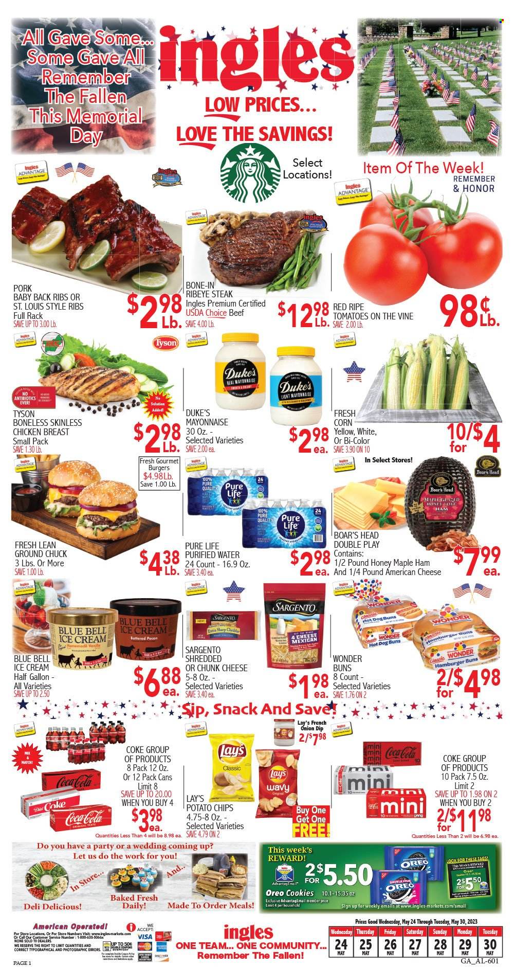 thumbnail - Ingles Flyer - 05/24/2023 - 05/30/2023 - Sales products - buns, burger buns, corn, Boar's Head, ham, snack, american cheese, cheese, chunk cheese, Sargento, Oreo, mayonnaise, dip, ice cream, Blue Bell, cookies, potato chips, chips, Lay’s, honey, Diet Coke, soft drink, Coke, purified water, water, chicken breasts, chicken, beef meat, beef steak, ground chuck, steak, bone-in ribeye, ribeye steak, ribs, pork meat, pork ribs, pork back ribs. Page 1.