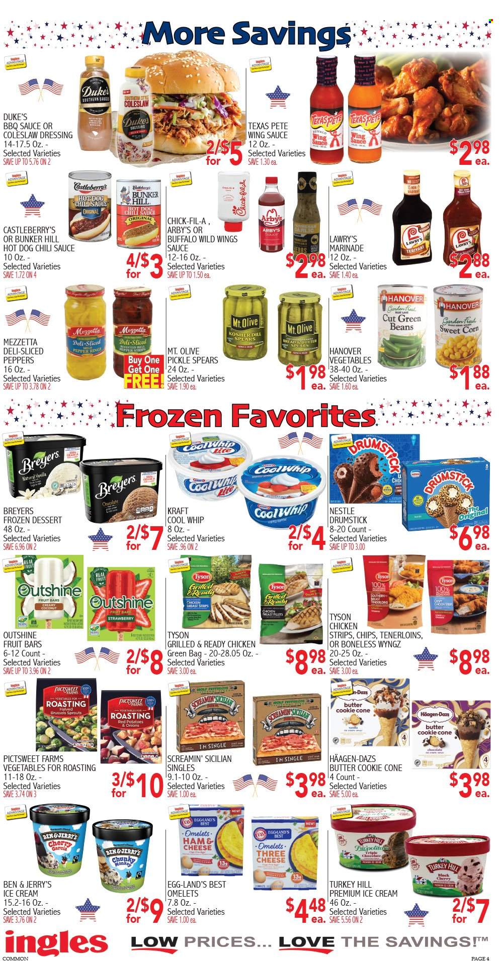thumbnail - Ingles Flyer - 05/24/2023 - 05/30/2023 - Sales products - bread, hot dog rolls, dessert, beans, corn, green beans, onion, peppers, brussel sprouts, sweet corn, red potatoes, coleslaw, Kraft®, ham, pepperoni, eggs, Cool Whip, ice cream, Häagen-Dazs, Ben & Jerry's, fruit bar, ice cones, strips, chicken strips, Screamin' Sicilian, Nestlé, dill, herbs, BBQ sauce, chilli sauce, dressing, marinade, coleslaw dressing, wing sauce, chicken, turkey. Page 4.