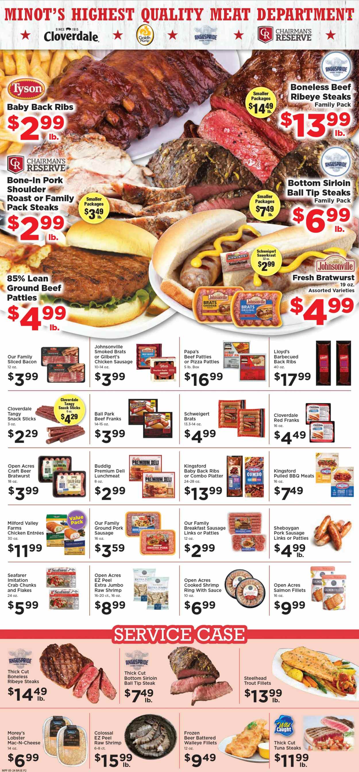 thumbnail - Marketplace Foods Flyer - 05/24/2023 - 05/30/2023 - Sales products - lobster, salmon, salmon fillet, trout, tuna, shrimps, walleye, crab sticks, pizza, Kingsford, roast, bacon, snack, Johnsonville, bratwurst, pork sausage, chicken sausage, Gilbert’s, frankfurters, lunch meat, cheddar, cheese, sauerkraut, pickled cabbage, beef meat, ground beef, steak, ribeye steak, ball tip, ribs, ground pork, sausage patties, pork meat, pork ribs, pork roast, pork shoulder, pork back ribs. Page 2.