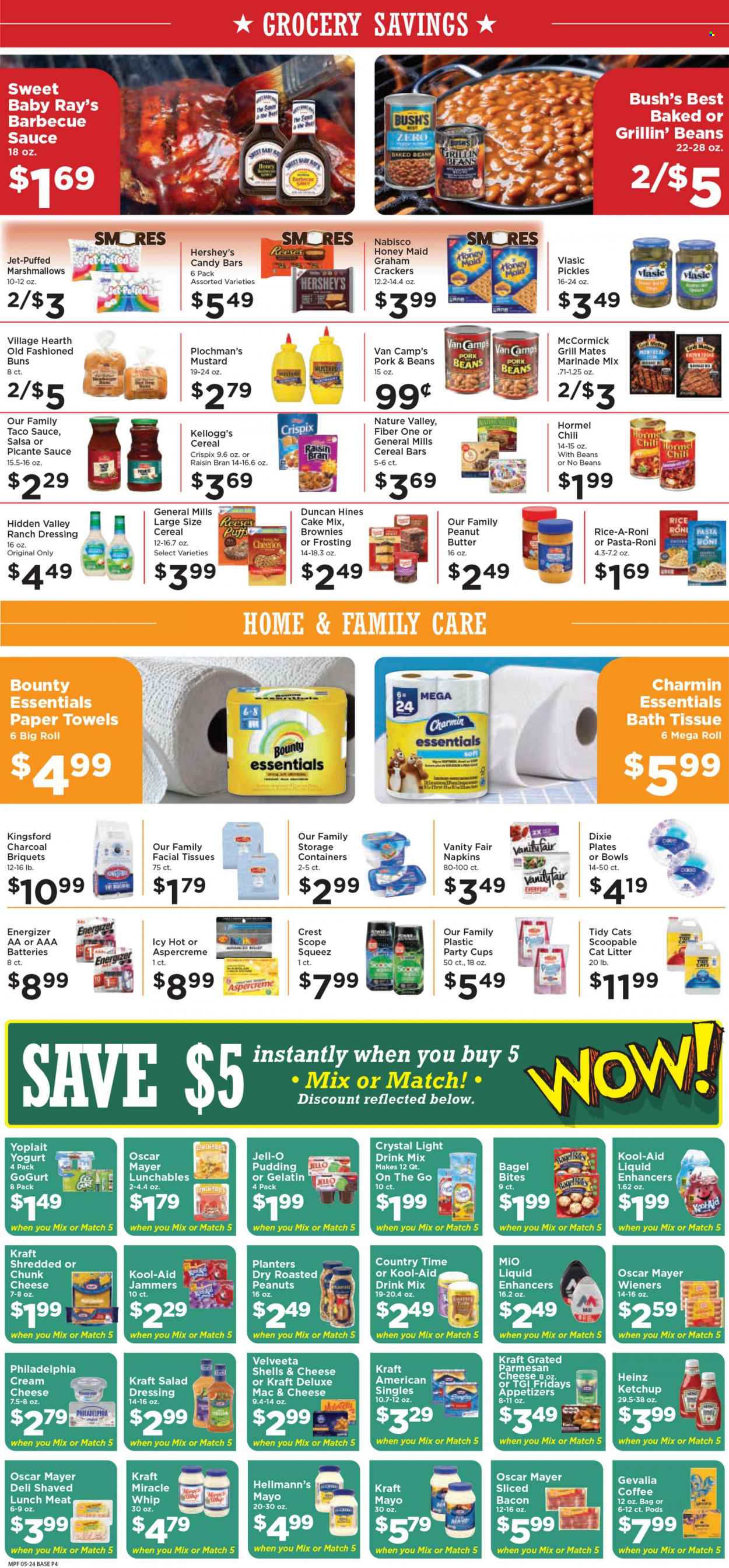 thumbnail - Marketplace Foods Flyer - 05/24/2023 - 05/30/2023 - Sales products - bagels, buns, puffs, brownies, cake mix, Lunchables, Kraft®, Hormel, Kingsford, ready meal, bacon, Oscar Mayer, lunch meat, shredded cheese, Philadelphia, parmesan, Kraft Singles, chunk cheese, pudding, yoghurt, Yoplait, mayonnaise, Miracle Whip, ranch dressing, Hellmann’s, Reese's, Hershey's, graham crackers, marshmallows, Bounty, cereal bar, crackers, Kellogg's, candy bar, Nabisco, cane sugar, frosting, Jell-O, Heinz, pickles, baked beans, cereals, Cheerios, Raisin Bran, Honey Maid, Nature Valley, Fiber One, rice, BBQ sauce, mustard, salad dressing, taco sauce, ketchup, dressing, salsa, marinade, peanut butter, roasted peanuts, peanuts, Planters, Country Time, powder drink, coffee, Gevalia. Page 4.