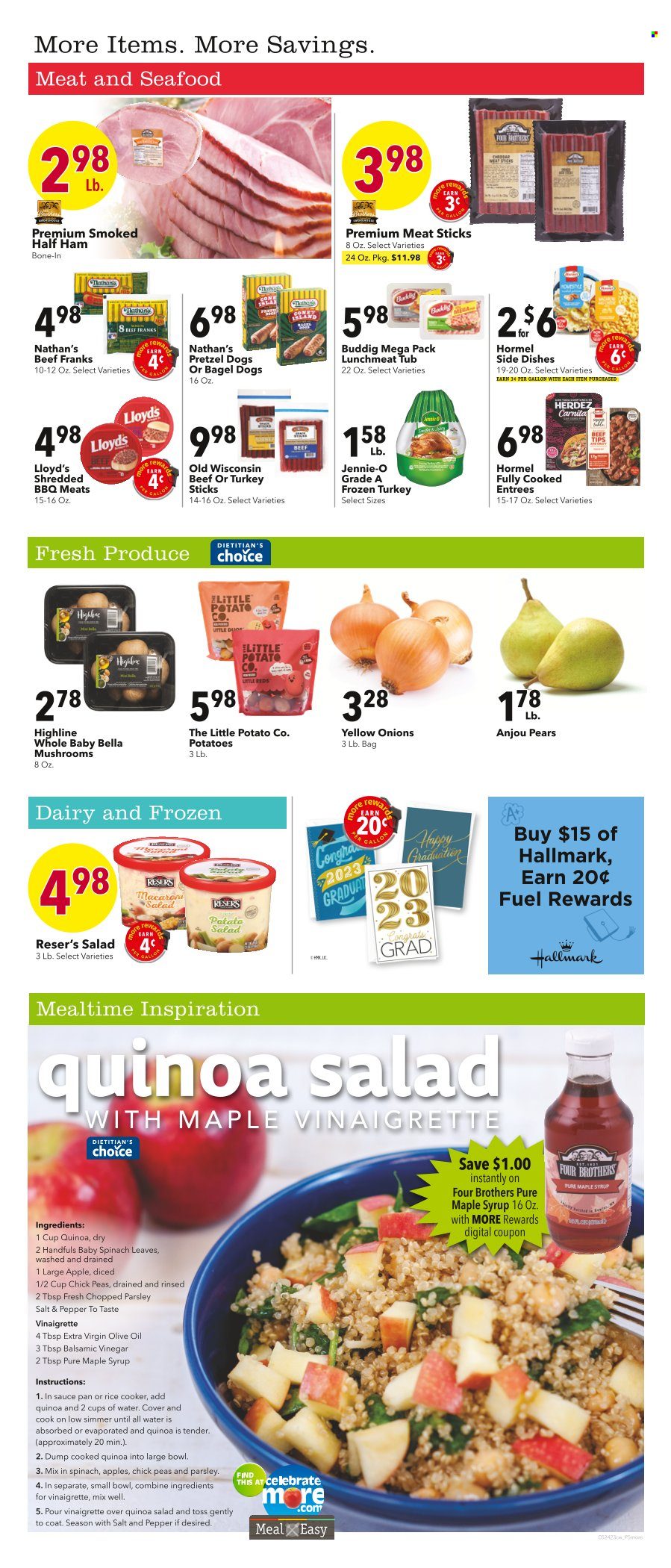 thumbnail - Cash Wise Flyer - 05/24/2023 - 05/30/2023 - Sales products - pretzels, potatoes, parsley, onion, apples, pears, seafood, bagel dogs, Four Brothers, Hormel, half ham, ham, frankfurters, potato salad, macaroni salad, lunch meat, quinoa, vinaigrette dressing, balsamic vinegar, extra virgin olive oil, vinegar, olive oil, oil, maple syrup, syrup, water, whole turkey, turkey. Page 5.