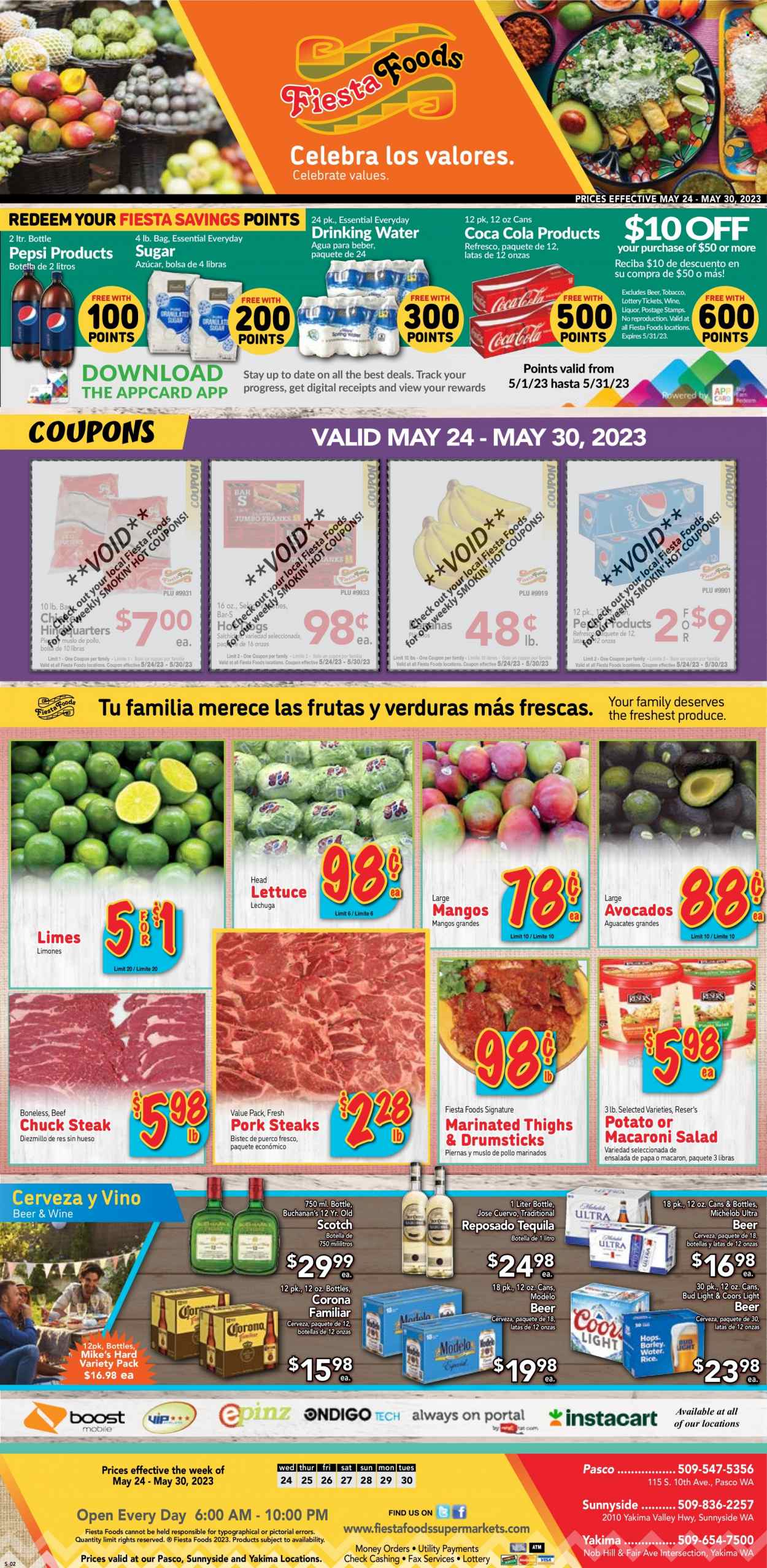 thumbnail - Fiesta Foods SuperMarkets Flyer - 05/24/2023 - 05/30/2023 - Sales products - macaroons, lettuce, salad, avocado, bananas, limes, mango, hot dog, macaroni salad, sugar, Coca-Cola, Pepsi, soft drink, water, wine, alcohol, tequila, liquor, beer, Bud Light, Corona Extra, Modelo, chicken, beef meat, steak, chuck steak, pork chops, pork meat, Coors, Michelob. Page 1.