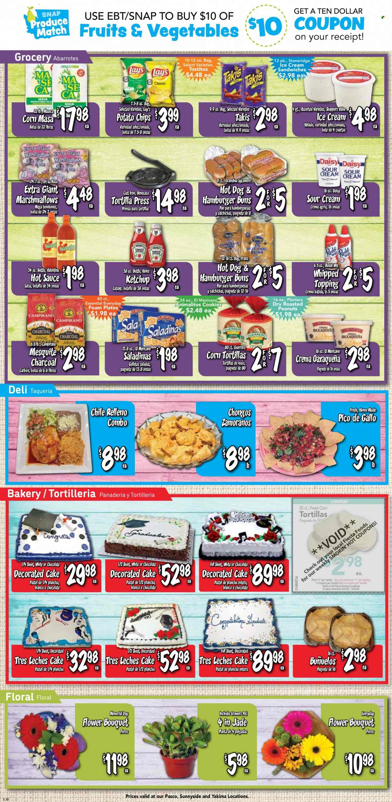 thumbnail - Fiesta Foods SuperMarkets Flyer - 05/24/2023 - 05/30/2023 - Sales products - corn tortillas, tortillas, cake, burger buns, salad, hot dog, sauce, sour cream, ice cream, ice cream sandwich, cookies, marshmallows, potato chips, chips, Lay’s, Tostitos, topping, Heinz, hot sauce, ketchup, salsa, roasted peanuts, peanuts, Planters. Page 2.