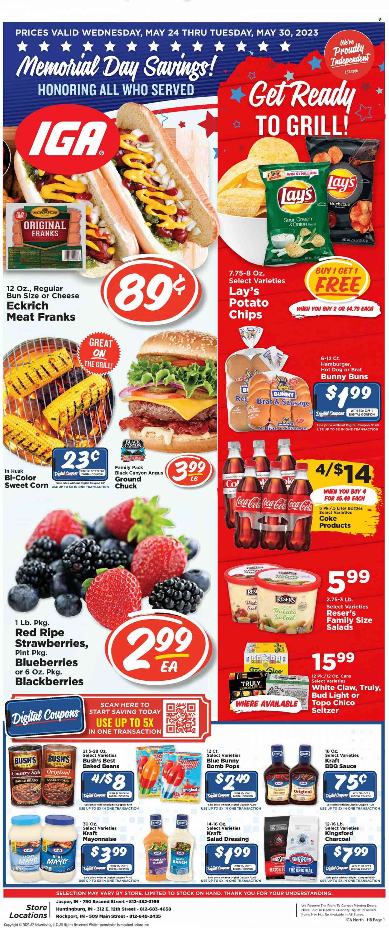 thumbnail - IGA Flyer - 05/24/2023 - 05/30/2023 - Sales products - buns, corn, blackberries, hot dog, hamburger, Kraft®, Kingsford, ready meal, frankfurters, potato salad, mayonnaise, Thousand Island dressing, Blue Bunny, potato chips, chips, Lay’s, baked beans, BBQ sauce, salad dressing, dressing, Coca-Cola, lemonade, soft drink, Coke, seltzer water, sparkling water, White Claw, TRULY, beer, Bud Light, Topo Chico, beef meat, ground chuck, pot. Page 1.
