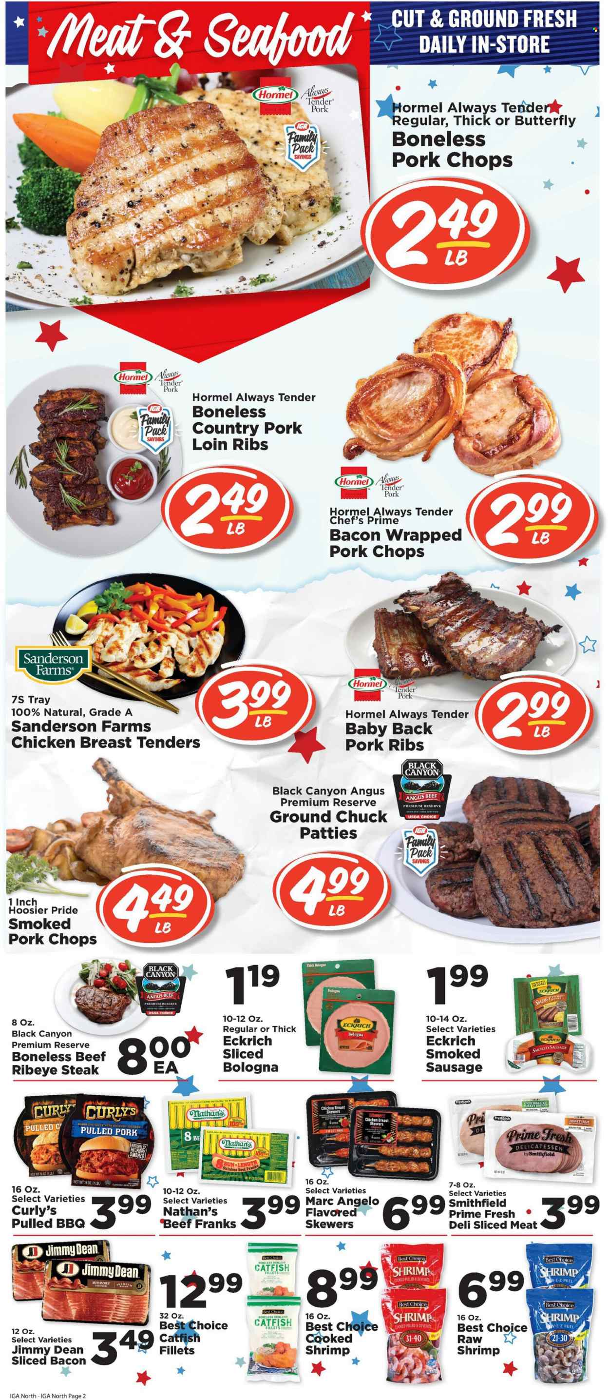 thumbnail - IGA Flyer - 05/24/2023 - 05/30/2023 - Sales products - catfish, seafood, shrimps, chicken tenders, sauce, pulled pork, Jimmy Dean, Hormel, ham, sausage, smoked sausage, frankfurters, cheddar, cheese, BBQ sauce, chicken, beef meat, beef steak, ground chuck, steak, ribeye steak, ribs, pork chops, pork loin, pork meat, pork ribs, pork back ribs, tray, pan. Page 3.