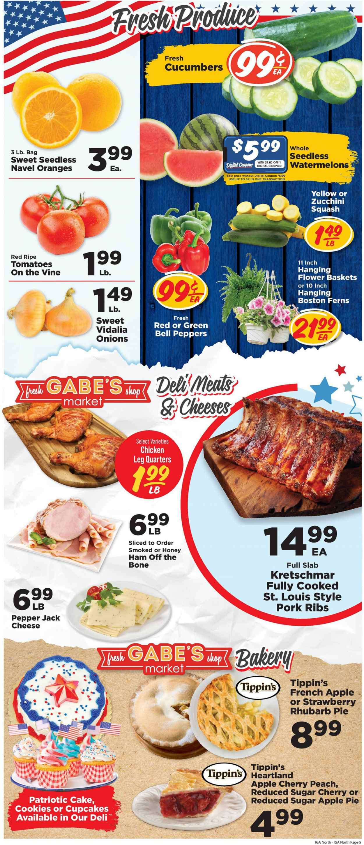 thumbnail - IGA Flyer - 05/24/2023 - 05/30/2023 - Sales products - cake, pie, apple pie, cupcake, bell peppers, cucumber, tomatoes, zucchini, onion, peppers, watermelon, cherries, ham, ham off the bone, Pepper Jack cheese, cheese, cookies, Heartland, chicken legs, chicken, ribs, pork meat, pork ribs, basket, navel oranges. Page 6.