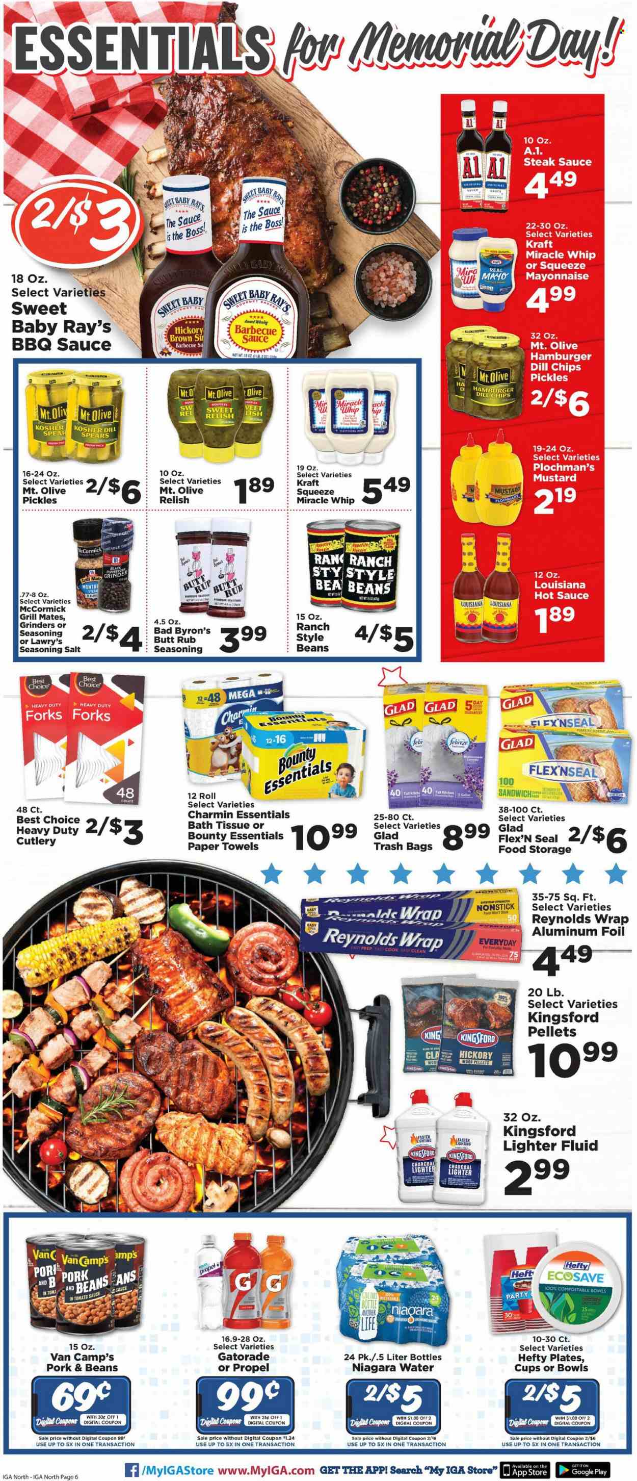 thumbnail - IGA Flyer - 05/24/2023 - 05/30/2023 - Sales products - beans, sandwich, hamburger, Kraft®, Kingsford, mayonnaise, Miracle Whip, Bounty, chips, pickles, dill, spice, BBQ sauce, mustard, steak sauce, hot sauce, Gatorade, water, steak, bath tissue, kitchen towels, paper towels, Charmin, Febreze, Veet, Hefty, trash bags, gallon, plate, cup, aluminium foil, electrolyte drink. Page 7.