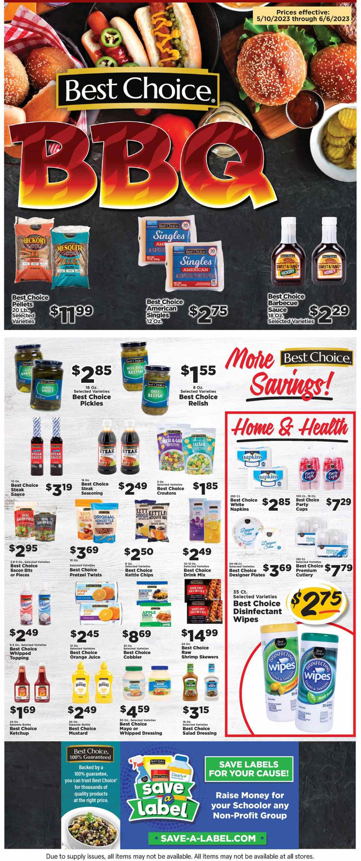 thumbnail - IGA Flyer - 05/24/2023 - 05/30/2023 - Sales products - pretzels, Ace, shrimps, hot dog, sauce, bacon bits, milk, mayonnaise, potato chips, chips, Kettle chips, croutons, topping, pickles, dill, spice, BBQ sauce, mustard, salad dressing, steak sauce, ketchup, dressing, honey, orange juice, juice, steak, cleansing wipes, wipes, napkins, desinfection, plate, cup, party cups, calcium. Page 9.