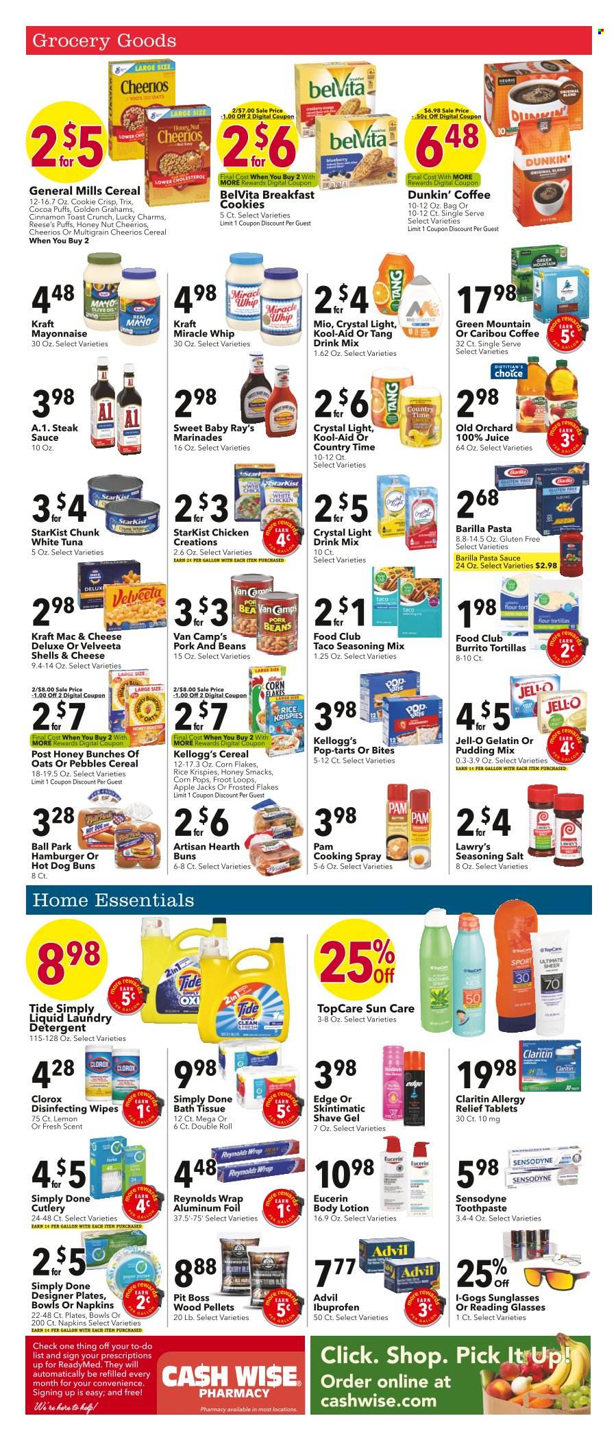 thumbnail - Cash Wise Flyer - 05/24/2023 - 05/30/2023 - Sales products - buns, beans, sauce, Kraft®, Kingsford, snack, bratwurst, Colby cheese, sliced cheese, Kemps, ice cream, ice cream bars, ice cream sandwich, Hershey's, Blue Bunny, Dove, marshmallows, Snickers, M&M's, crackers, RITZ, chocolate bar, Candy, Nabisco, Doritos, chips, Lay’s, salty snack, Heinz, pickles, baked beans, Honey Maid, BBQ sauce, salad dressing, ketchup, dressing, Coca-Cola, lemonade, Mountain Dew, Sprite, Pepsi, ice tea, Diet Pepsi, Diet Coke, soft drink, 7UP, A&W, Gold Peak Tea, Gatorade, fruit punch, Coke, BROTHERS, chicken, beef meat, ground beef. Page 3.