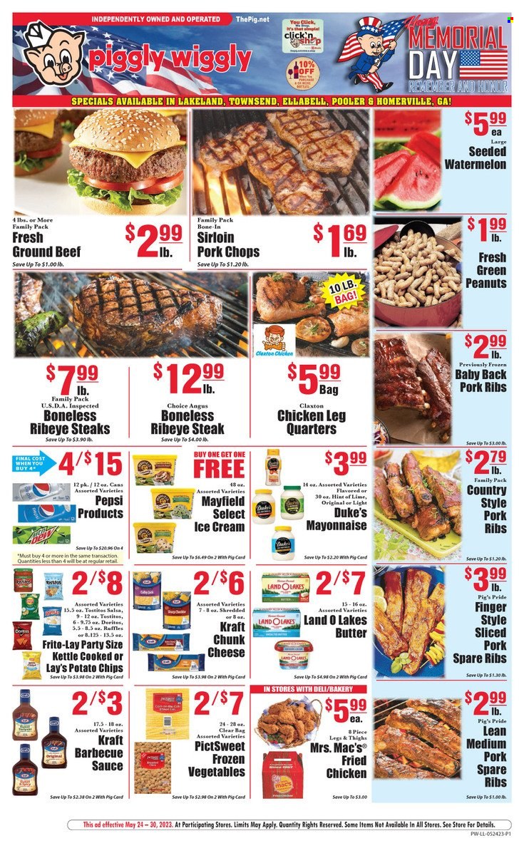 thumbnail - Piggly Wiggly Flyer - 05/24/2023 - 05/30/2023 - Sales products - watermelon, sauce, fried chicken, Kraft®, chunk cheese, mayonnaise, ice cream, frozen vegetables, Doritos, potato chips, Lay’s, Frito-Lay, Ruffles, Tostitos, salty snack, BBQ sauce, salsa, peanuts, Pepsi, soft drink, Mac’s, chicken legs, beef meat, beef steak, ground beef, steak, ribeye steak, ribs, pork chops, pork meat, pork ribs, pork spare ribs, pork back ribs. Page 1.