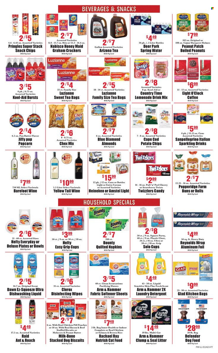 thumbnail - Piggly Wiggly Flyer - 05/24/2023 - 05/30/2023 - Sales products - buns, cherries, bacon, snack, milk, graham crackers, Bounty, crackers, RITZ, Candy, Nabisco, potato chips, Pringles, chips, popcorn, Chex Mix, salty snack, ARM & HAMMER, Honey Maid, brown rice, rice, molasses, peanut butter, almonds, peanuts, Blue Diamond, lemonade, AriZona, Country Time, spring water, water, powder drink, tea bags, coffee, Eight O'Clock, wine, alcohol, beer, Corona Extra, Heineken, Amstel, chicken. Page 2.