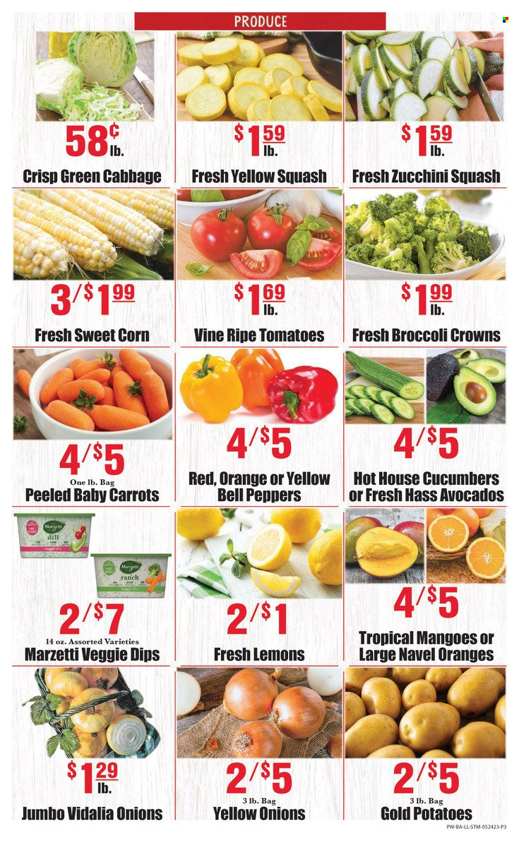 thumbnail - Piggly Wiggly Flyer - 05/24/2023 - 05/30/2023 - Sales products - bell peppers, cabbage, carrots, corn, cucumber, tomatoes, zucchini, potatoes, onion, peppers, sweet corn, yellow squash, red peppers, avocado, mango, dill, lemons, navel oranges. Page 5.