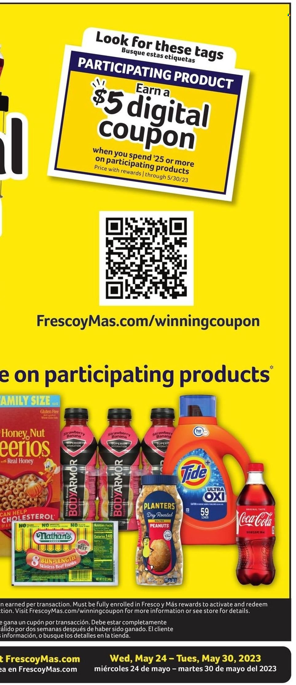 thumbnail - Fresco y Más Flyer - 05/24/2023 - 05/30/2023 - Sales products - frankfurters, peanuts, Planters, Coca-Cola, soft drink. Page 9.