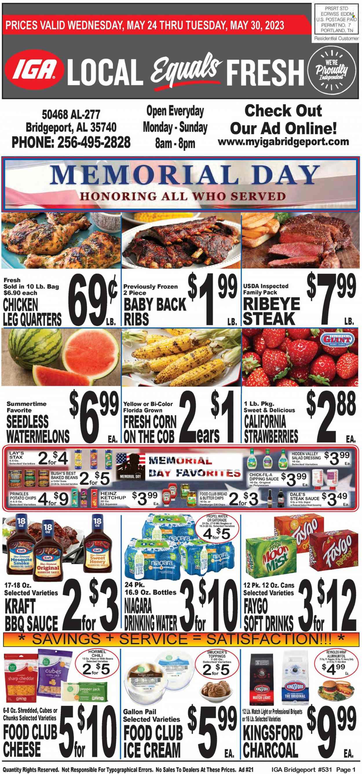thumbnail - IGA Flyer - 05/24/2023 - 05/30/2023 - Sales products - corn, strawberries, watermelon, hamburger, Hormel, Kingsford, ready meal, Colby cheese, Pepper Jack cheese, cheese, fudge, potato chips, Pringles, Lay’s, salty snack, Heinz, baked beans, dill, spice, BBQ sauce, salad dressing, steak sauce, ketchup, dressing, soft drink, Gatorade, water, chicken legs, chicken, steak, ribs, pork meat, pork ribs, pork back ribs, gallon, aluminium foil, electrolyte drink. Page 1.