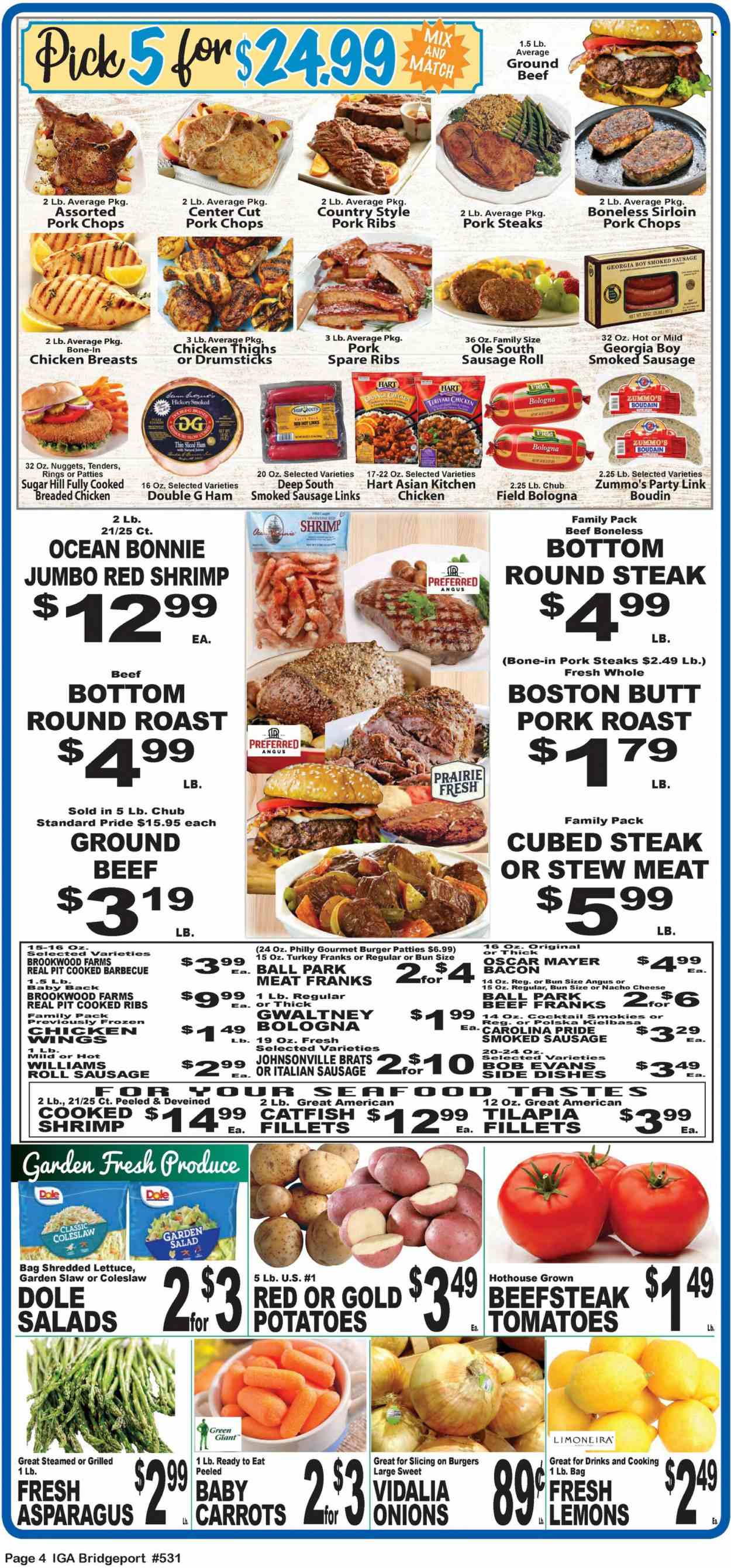 thumbnail - IGA Flyer - 05/24/2023 - 05/30/2023 - Sales products - stew meat, sausage rolls, asparagus, carrots, tomatoes, potatoes, onion, salad, Dole, shredded lettuce, oranges, catfish, tilapia, seafood, shrimps, coleslaw, nuggets, hamburger, sauce, fried chicken, Bob Evans, boston butt, roast, bacon, ham, Johnsonville, Oscar Mayer, sausage, smoked sausage, italian sausage, kielbasa, frankfurters, cheese, chicken wings, sugar, juice, chicken thighs, turkey, beef meat, ground beef, steak, round roast, round steak, ribs, burger patties, pork chops, pork meat, pork ribs, pork roast, pork spare ribs, pork back ribs, lemons. Page 2.