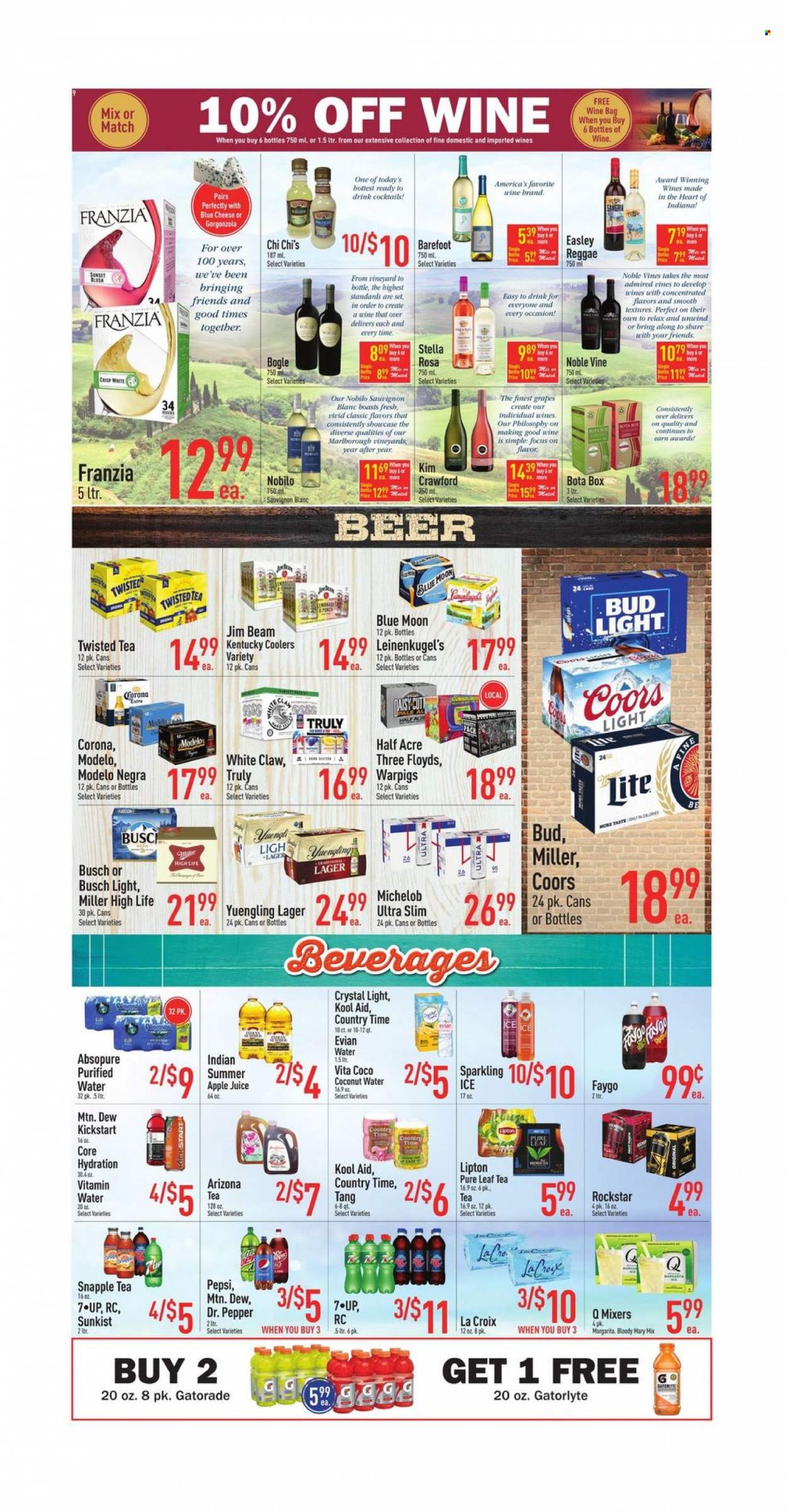 thumbnail - Strack & Van Til Flyer - 05/24/2023 - 05/30/2023 - Sales products - grapes, gorgonzola, pepper, apple juice, lemonade, Mountain Dew, Pepsi, juice, Lipton, ice tea, Dr. Pepper, coconut water, soft drink, AriZona, Snapple, Country Time, Rockstar, Gatorade, sparkling water, purified water, Evian, vitamin water, water, Pure Leaf, white wine, wine, alcohol, Sauvignon Blanc, Bogle, punch, Jim Beam, White Claw, TRULY, beer, Busch, Bud Light, Corona Extra, Miller, Lager, Modelo, electrolyte drink, Leinenkugel's, Coors, Blue Moon, Twisted Tea, Yuengling, Michelob. Page 9.