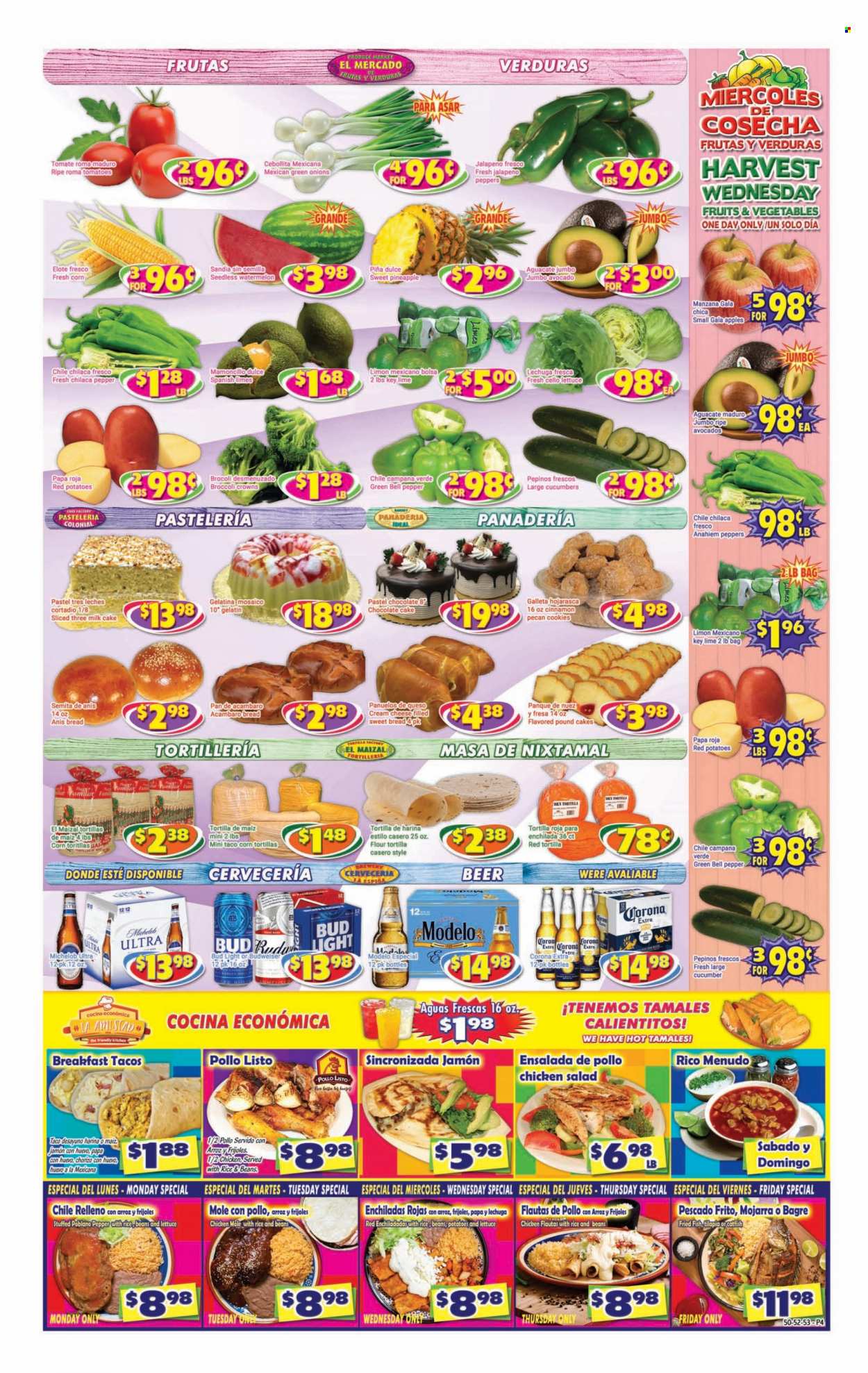 thumbnail - Savers Cost Plus Flyer - 05/24/2023 - 05/30/2023 - Sales products - bread, corn tortillas, tortillas, cake, tacos, chocolate cake, bell peppers, tomatoes, salad, jalapeño, green onion, red potatoes, apples, avocado, Gala, limes, watermelon, pineapple, catfish, tilapia, fish, fried fish, enchiladas, chorizo, chicken salad, cheese, milk, cookies, chocolate, Mexicano, pepper, cinnamon, alcohol, beer, Bud Light, Corona Extra, Modelo, chicken, Budweiser, Michelob. Page 4.