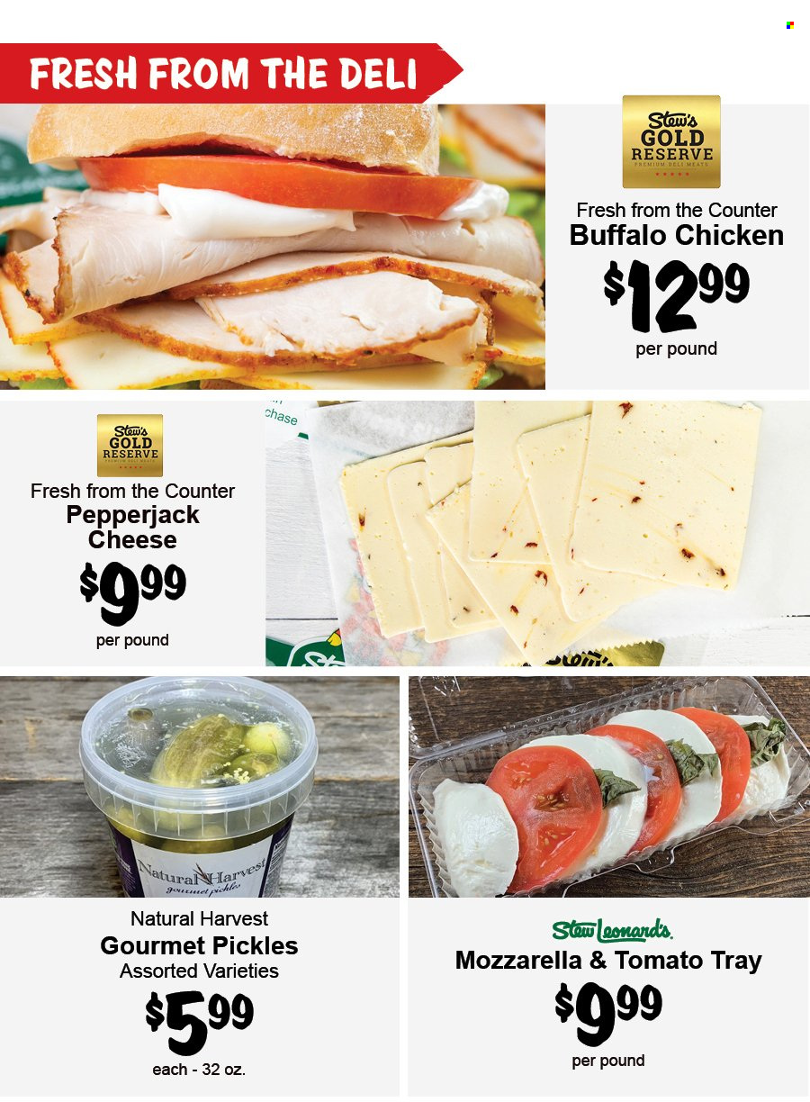 thumbnail - Stew Leonard's Flyer - 05/24/2023 - 05/30/2023 - Sales products - chicken, Harvest Gourmet, mozzarella, Pepper Jack cheese, cheese, pickles. Page 12.