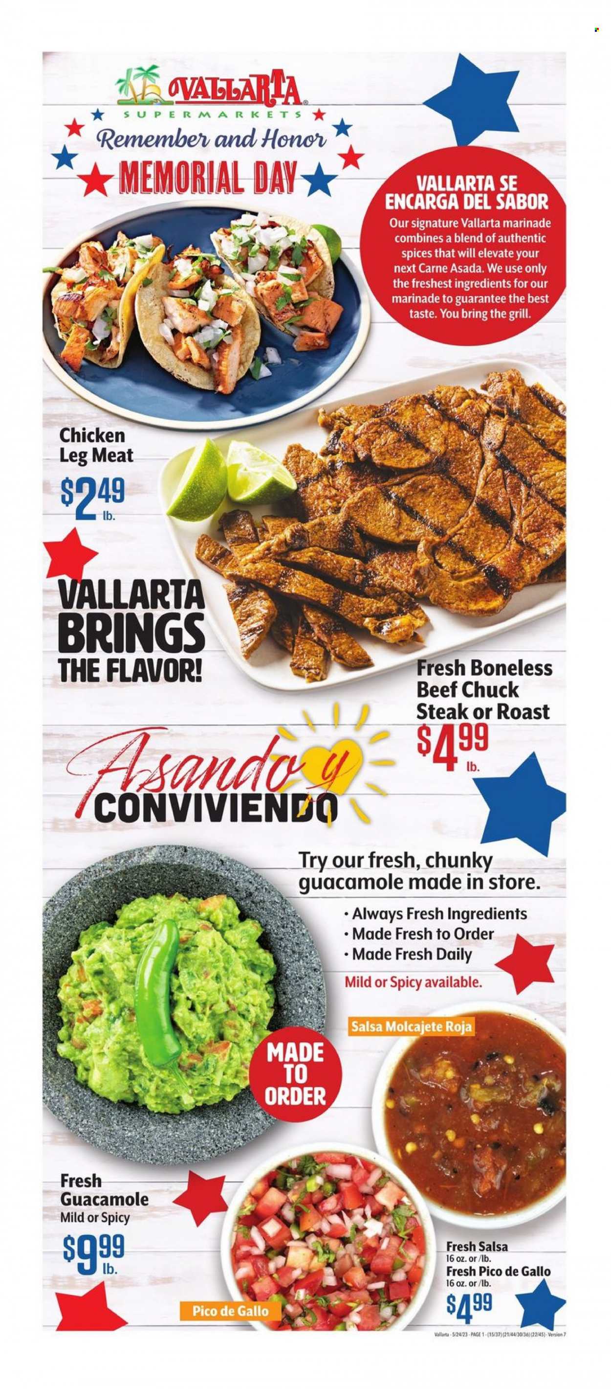thumbnail - Vallarta Flyer - 05/24/2023 - 05/30/2023 - Sales products - salad, chicken legs, chicken, beef meat, steak, chuck steak, roast, guacamole, salsa, marinade. Page 1.