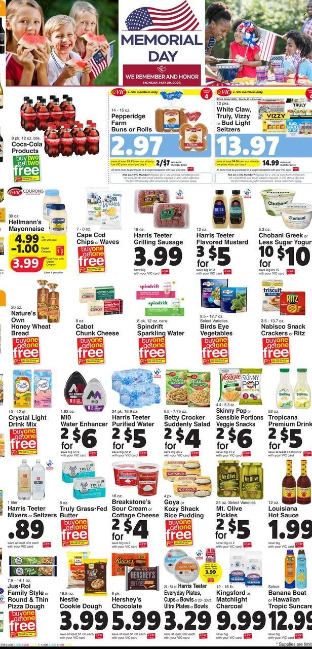 thumbnail - Harris Teeter Flyer - 05/24/2023 - 05/30/2023 - Sales products - wheat bread, buns, cookie dough, salad, sauce, Bird's Eye, Kingsford, snack, sausage, cottage cheese, Monterey Jack cheese, chunk cheese, Chobani, rice pudding, sour cream, mayonnaise, Hellmann’s, pizza dough, Reese's, Hershey's, Nestlé, chocolate, crackers, RITZ, Nabisco, chips, popcorn, Harris, pickles, Goya, mustard, hot sauce, syrup, Coca-Cola, soft drink, Spindrift, sparkling water, purified water, White Claw, TRULY, beer, Bud Light, Hawaiian Tropic. Page 4.