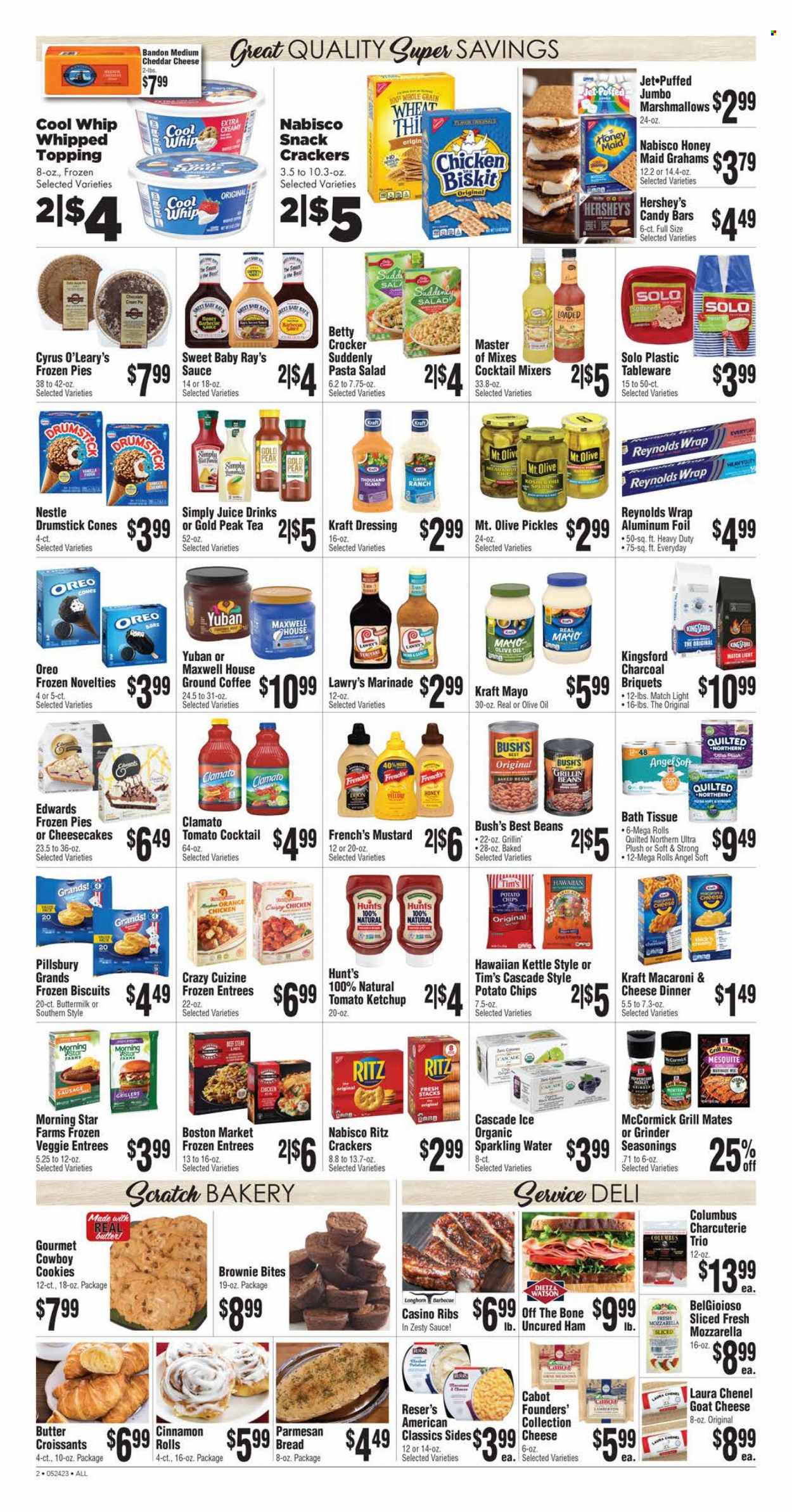 thumbnail - Rosauers Flyer - 05/24/2023 - 05/30/2023 - Sales products - bread, pie, croissant, cinnamon roll, cheesecake, brownies, cream pie, macaroons, salad, oranges, macaroni & cheese, pasta, Pillsbury, Kraft®, Kingsford, uncured ham, ham, snack, sausage, pasta salad, goat cheese, Longhorn cheese, mozzarella, parmesan, Oreo, buttermilk, Cool Whip, mayonnaise, Thousand Island dressing, ice cream, Hershey's, ice cones, frozen pies, cookies, marshmallows, Nestlé, crackers, biscuit, RITZ, candy bar, Nabisco, potato chips, topping, pickles, Honey Maid, dill, mustard, ketchup, dressing, marinade, olive oil, juice, ice tea, Clamato, Gold Peak Tea, sparkling water, water, Maxwell House, coffee, ground coffee, chicken, beef meat, beef steak, steak, ribs, bath tissue, Quilted Northern, Cascade, Rin, Jet. Page 2.