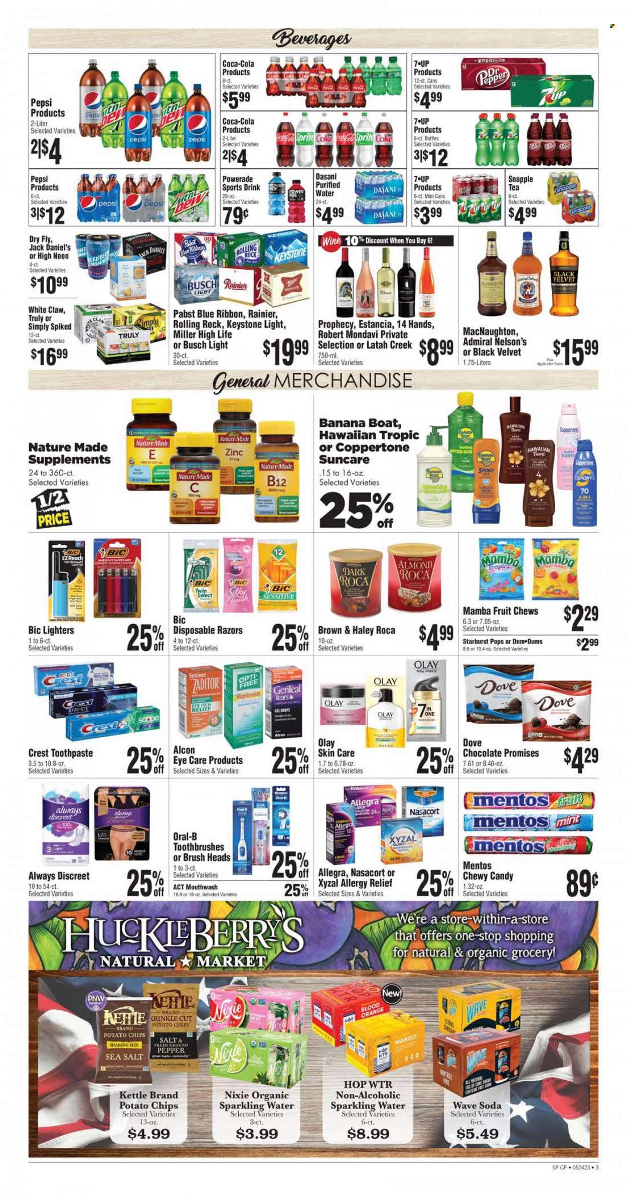 thumbnail - Rosauers Flyer - 05/24/2023 - 05/30/2023 - Sales products - Jack Daniel's, Dove, chocolate, Mentos, chewing gum, Starburst, Candy, potato chips, chips, Coca-Cola, lemonade, Sprite, Powerade, Pepsi, energy drink, soft drink, 7UP, Snapple, Coke, soda, sparkling water, purified water, water, tea, wine, alcohol, Estancia, White Claw, TRULY, Busch, Miller, Keystone, Pabst Blue Ribbon, Pabst, WAVE, Oral-B, toothpaste, mouthwash, Crest, Always Discreet, Olay, Hawaiian Tropic, BIC, razor, disposable razor, Nature Made, Systane, zinc, allergy relief. Page 3.