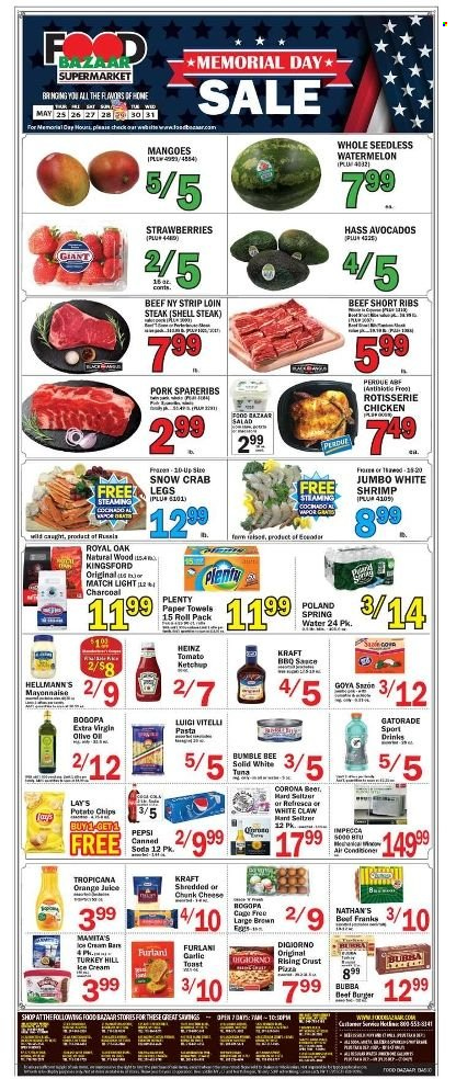 thumbnail - Food Bazaar Flyer - 05/25/2023 - 05/31/2023 - Sales products - salad, avocado, mango, strawberries, watermelon, tuna, crab, shrimps, pizza, chicken roast, hamburger, pasta, Bumble Bee, sauce, Perdue®, Kraft®, Kingsford, ready meal, frankfurters, shredded cheese, chunk cheese, mayonnaise, Hellmann’s, ice cream, potato chips, chips, Lay’s, Heinz, Goya, BBQ sauce, ketchup, extra virgin olive oil, olive oil, oil, Coca-Cola, Pepsi, orange juice, juice, soft drink, Gatorade, spring water, soda, sparkling water, water, alcohol, White Claw, Hard Seltzer, beer, Corona Extra, turkey, beef meat, beef ribs, steak, sirloin steak, ribs, pork ribs, pork spare ribs. Page 1.
