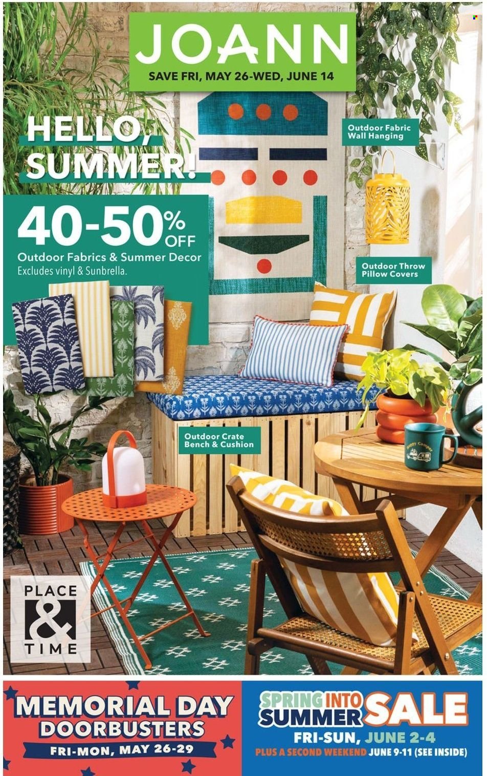 thumbnail - JOANN Flyer - 05/26/2023 - 06/14/2023 - Sales products - crate, blanket, cushion, pillow cover. Page 1.