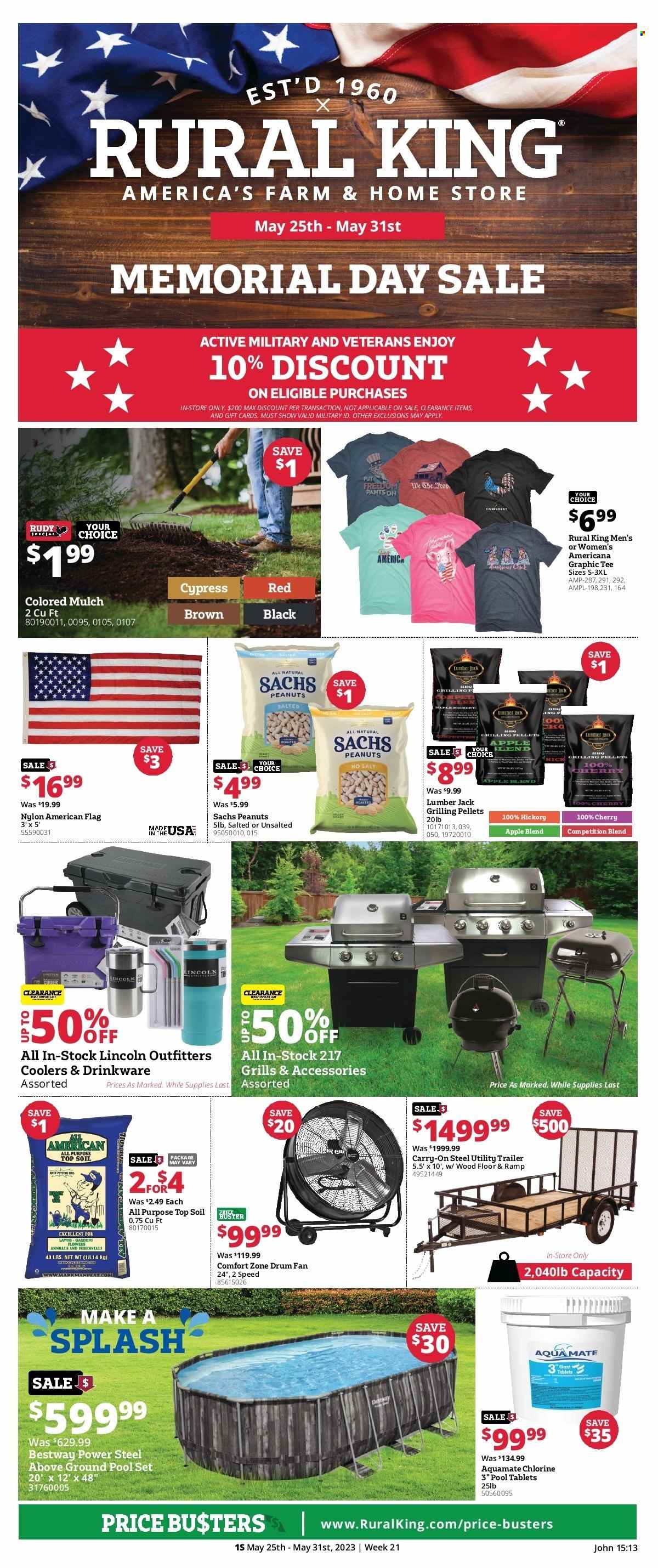 thumbnail - Rural King Flyer - 05/25/2023 - 05/31/2023 - Sales products - peanuts, drinkware, Apple, pants, t-shirt, trailer, pool, garden mulch. Page 1.