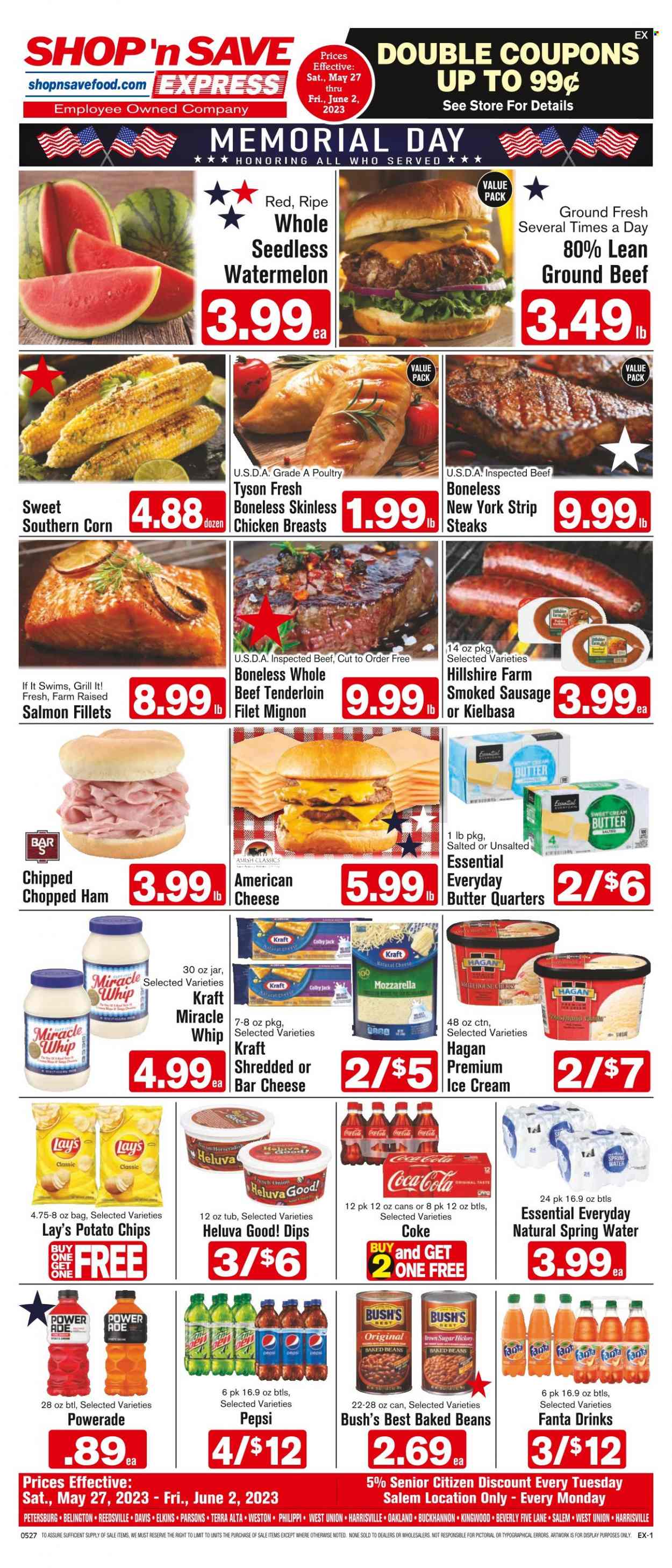 thumbnail - Shop ‘n Save Express Flyer - 05/27/2023 - 06/02/2023 - Sales products - beans, corn, onion, watermelon, cherries, chicken breasts, chicken, beef meat, ground beef, steak, beef tenderloin, salmon, salmon fillet, Kraft®, ready meal, ham, Hillshire Farm, smoked sausage, Colby cheese, mozzarella, cheese, Miracle Whip, ice cream, potato chips, chips, Lay’s, cane sugar, baked beans, Coca-Cola, Powerade, Pepsi, Fanta, energy drink, soft drink, Coke, spring water, water. Page 1.
