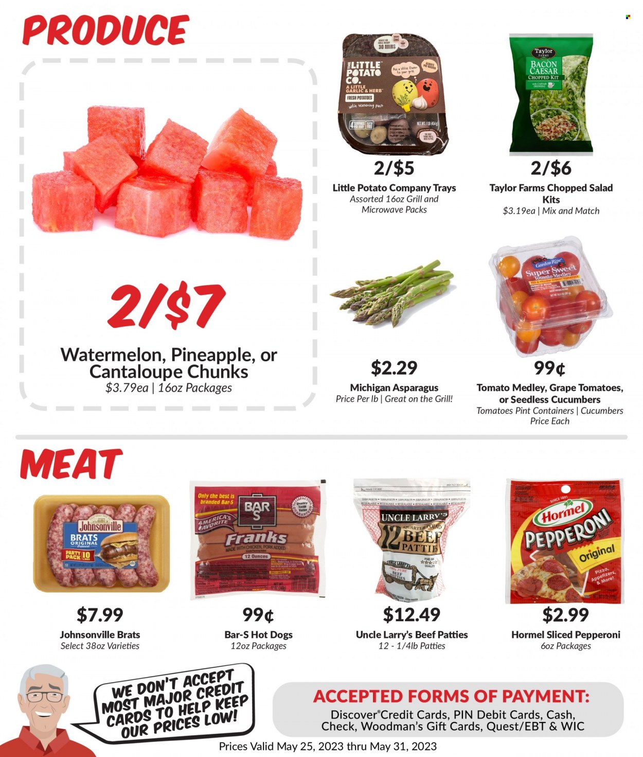 thumbnail - Woodman's Markets Flyer - 05/25/2023 - 05/31/2023 - Sales products - asparagus, cucumber, potatoes, salad, chopped salad, watermelon, pineapple, cherries, roast, Johnsonville, hot dog, pizza, Hormel, bratwurst, caesar dressing, dressing. Page 2.