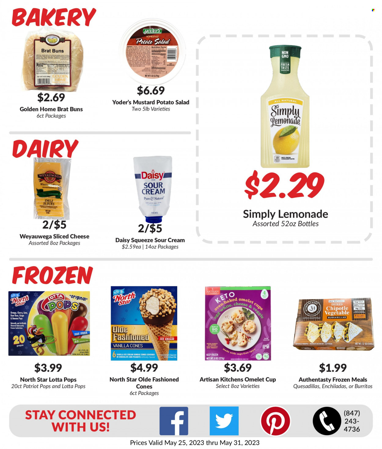thumbnail - Woodman's Markets Flyer - 05/25/2023 - 05/31/2023 - Sales products - buns, corn, garlic, cherries, enchiladas, burrito, sliced cheese, cheese, eggs, cage free eggs, sour cream, sugar, mustard, vinegar, corn syrup, syrup, lemonade, water, alcohol, beer, calcium. Page 3.