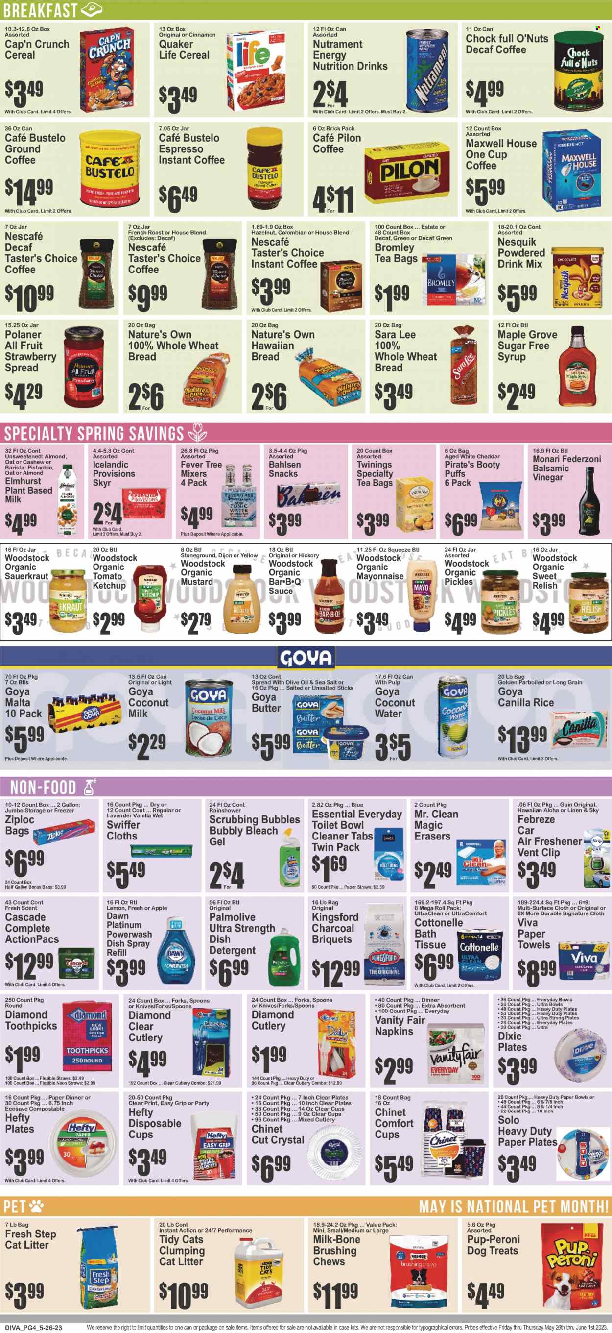 thumbnail - Key Food Flyer - 05/26/2023 - 06/01/2023 - Sales products - wheat bread, Sara Lee, puffs, sauce, Quaker, Kingsford, roast, snack, cheddar, cheese, Nesquik, butter, mayonnaise, chewing gum, coconut milk, sauerkraut, pickles, Goya, pickled cabbage, cereals, Cap'n Crunch, rice, cinnamon, mustard, ketchup, balsamic vinegar, vinegar, syrup, coconut water, water, powder drink, Maxwell House, tea bags, Twinings, coffee, instant coffee, Nescafé, ground coffee, beer, napkins, bath tissue, Cottonelle, kitchen towels, paper towels, detergent, Febreze, Gain, Scrubbing Bubbles, cleaner, bleach, toilet cleaner, Swiffer, Cascade, dishwasher cleaner, Palmolive, Ziploc, Hefty, knife, spoon, plate, cup, straw, air freshener, paper plate, paper bowl, Dixie, cat litter, Pup-Peroni, Fresh Step, Nature's Own. Page 5.
