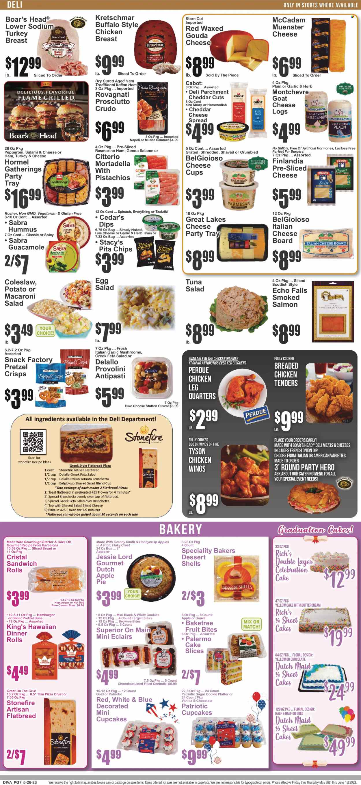 thumbnail - Key Food Flyer - 05/26/2023 - 06/01/2023 - Sales products - mushrooms, bread, cake, dinner rolls, flatbread, sandwich rolls, apple pie, cupcake, brownies, dessert shells, dessert, horseradish, guava, Granny Smith, salmon, smoked salmon, tuna, coleslaw, hot dog, pizza, hamburger, fried chicken, Perdue®, Hormel, Boar's Head, ready meal, mortadella, salami, prosciutto, snack, tzatziki, hummus, cheese spread, guacamole, macaroni salad, tuna salad, antipasti, blue cheese, gouda, sliced cheese, cheese cup, Münster cheese, feta, Montchevre, chicken wings, cookies, Celebration, chips, Thins, pretzel crisps, pita chips, sourdough starter, sugar, olives, olive oil, oil, chicken breasts, chicken legs, turkey, XTRA, cup, cheese board, platters, Bakers, Half and half. Page 8.