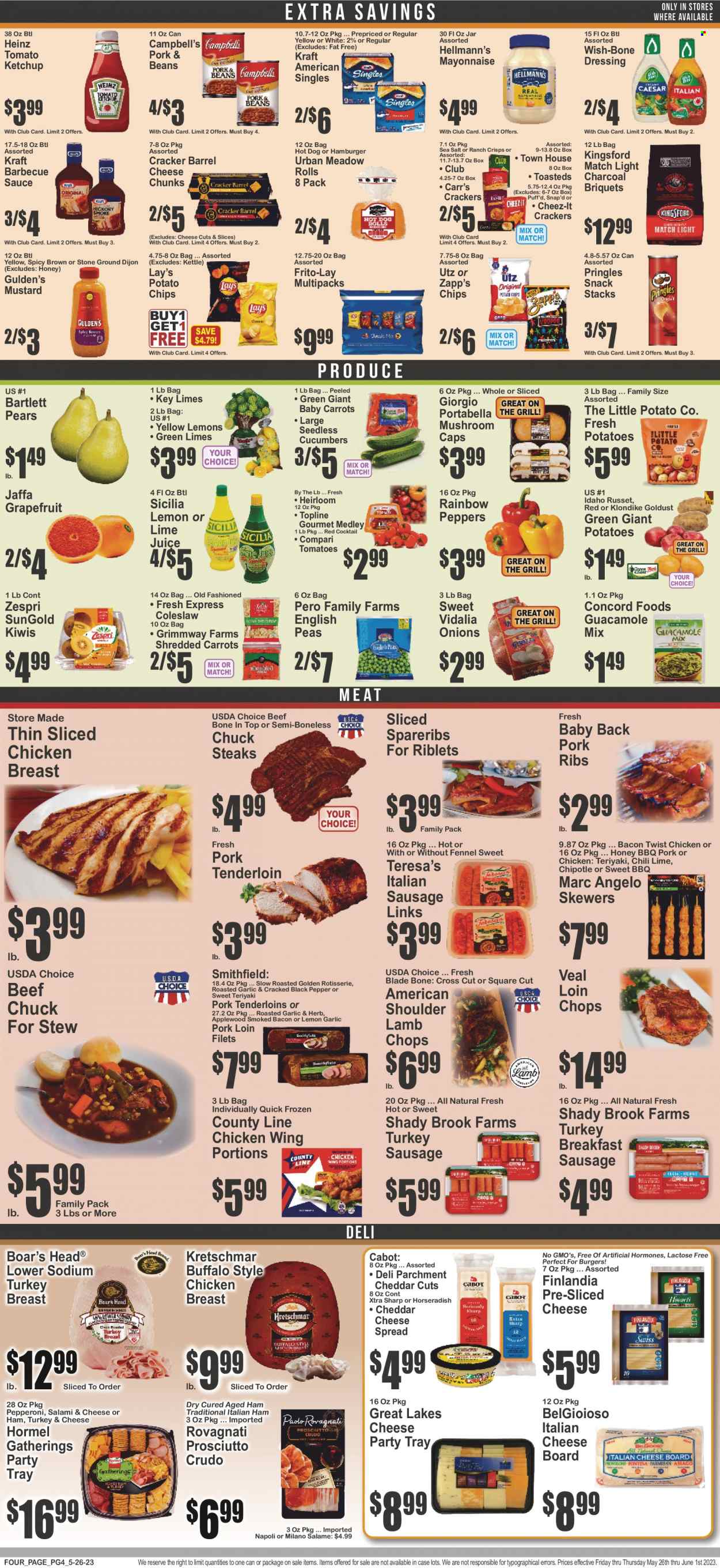 thumbnail - Key Food Flyer - 05/26/2023 - 06/01/2023 - Sales products - mushrooms, beans, carrots, cucumber, russet potatoes, horseradish, peas, onion, peppers, Bartlett pears, grapefruits, kiwi, limes, pears, Campbell's, coleslaw, hot dog, hamburger, sauce, Kraft®, Hormel, Kingsford, Boar's Head, salami, prosciutto, snack, sausage, pepperoni, italian sausage, cheese spread, guacamole, sliced cheese, Kraft Singles, mayonnaise, Hellmann’s, crackers, potato chips, Pringles, Lay’s, Frito-Lay, Cheez-It, salty snack, Heinz, fennel, black pepper, BBQ sauce, mustard, ketchup, dressing, honey, chicken breasts, chicken, turkey, steak, ribs, pork loin, pork meat, pork ribs, pork tenderloin, pork spare ribs, pork back ribs, lamb chops, lamb meat, XTRA, cheese board, beef bone. Page 4.