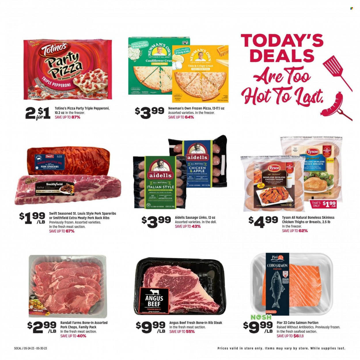 thumbnail - Grocery Outlet Flyer - 05/24/2023 - 05/30/2023 - Sales products - salmon, seafood, chicken sausage, cheese, chicken broth, salt, topping, broth, chicken thighs, chicken, beef meat, steak, ribs, pork chops, pork meat, pork ribs, pork spare ribs, pork back ribs. Page 2.