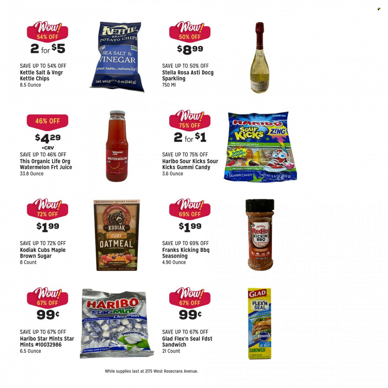 thumbnail - Grocery Outlet Flyer - 05/24/2023 - 05/30/2023 - Sales products - sandwich, frankfurters, Haribo, Candy, potato chips, chips, Kettle chips, cane sugar, oatmeal, spice, juice, wine. Page 8.