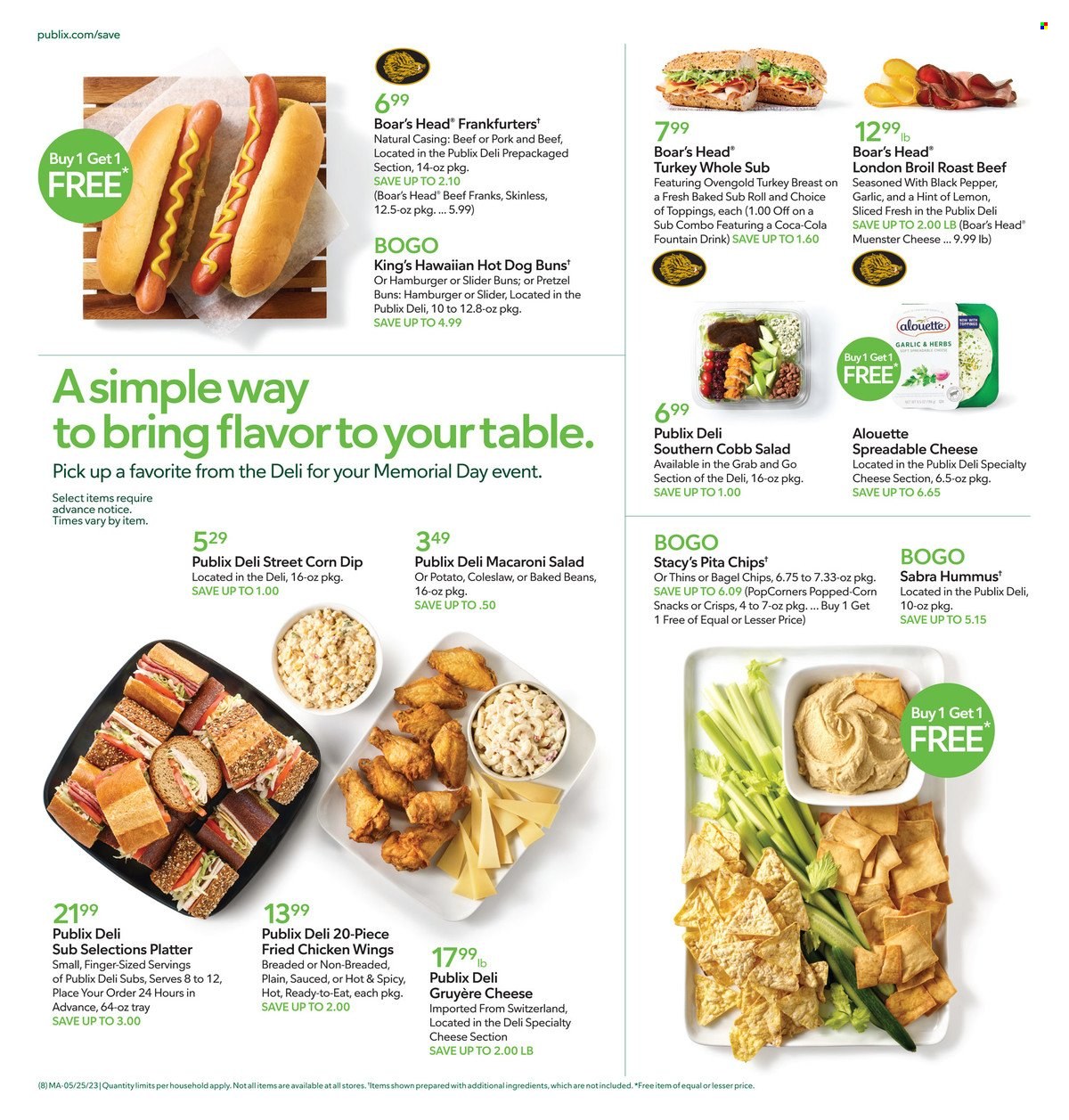 thumbnail - Publix Flyer - 05/25/2023 - 05/31/2023 - Sales products - bagels, pretzels, buns, coleslaw, hamburger, fried chicken, roast, Boar's Head, snack, frankfurters, hummus, macaroni salad, Gruyere, Münster cheese, chips, Thins, maize snack, popcorn, pita chips, baked beans, soft drink, turkey breast, whole turkey, turkey, beef meat, roast beef. Page 10.