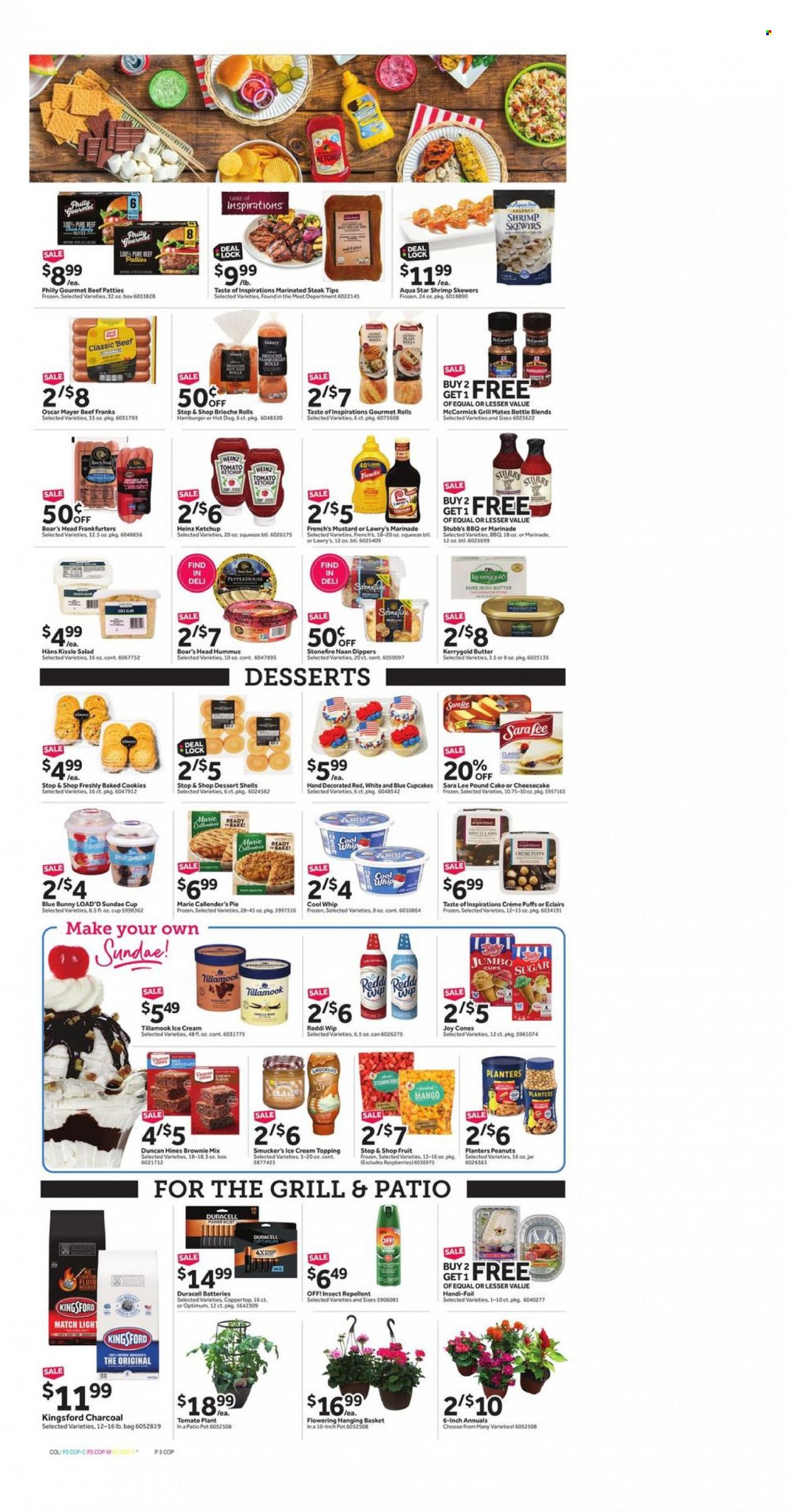 thumbnail - Stop & Shop Flyer - 05/26/2023 - 06/01/2023 - Sales products - pretzels, Nature’s Promise, beans, corn, tomatoes, onion, salad, sweet corn, cherries, chicken thighs, marinated chicken, beef meat, ground beef, tuna, Bumble Bee, Hormel, tuna salad, parmesan, Président, feta, dip, graham crackers, marshmallows, crackers, potato chips, vegetable chips, Fita, pickles, light tuna, baked beans, Chicken of the Sea, dill, salsa, Coca-Cola, Powerade, energy drink, soft drink, seltzer water, soda, sparkling water, water, rum, napkins, trash bags, storage bag, aluminium foil, freezer bag, party cups, blanket. Page 3.