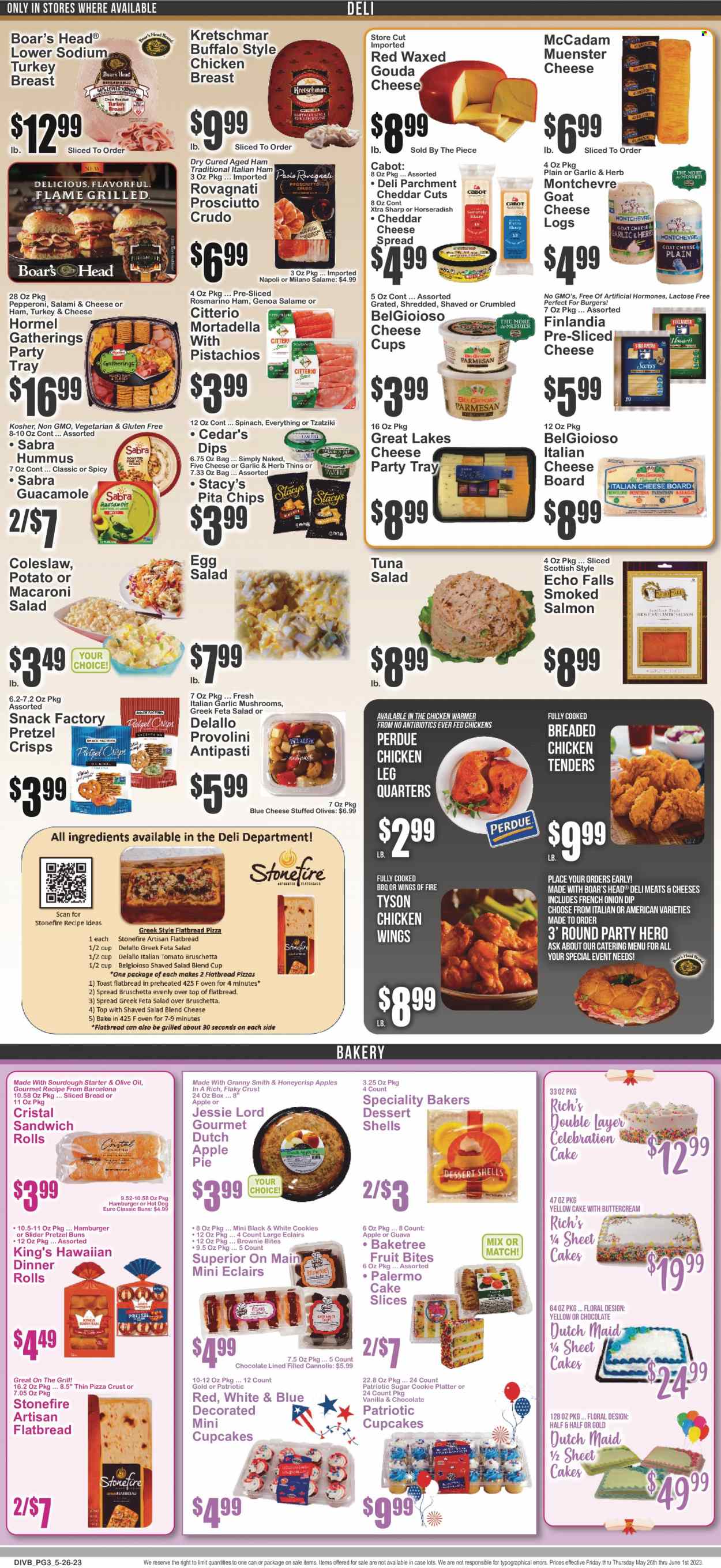thumbnail - Food Universe Flyer - 05/26/2023 - 06/01/2023 - Sales products - mushrooms, bread, cake, dinner rolls, flatbread, sandwich rolls, apple pie, cupcake, brownies, dessert shells, dessert, horseradish, guava, Granny Smith, salmon, smoked salmon, tuna, coleslaw, hot dog, pizza, hamburger, fried chicken, Perdue®, Hormel, Boar's Head, ready meal, mortadella, salami, prosciutto, tzatziki, hummus, cheese spread, guacamole, macaroni salad, tuna salad, antipasti, blue cheese, gouda, sliced cheese, cheese cup, Münster cheese, feta, Montchevre, chicken wings, cookies, Celebration, chips, Thins, pretzel crisps, pita chips, sourdough starter, sugar, olives, olive oil, oil, chicken breasts, chicken legs, turkey, XTRA, cup, cheese board, platters, Sharp, Bakers, grill, Half and half. Page 3.