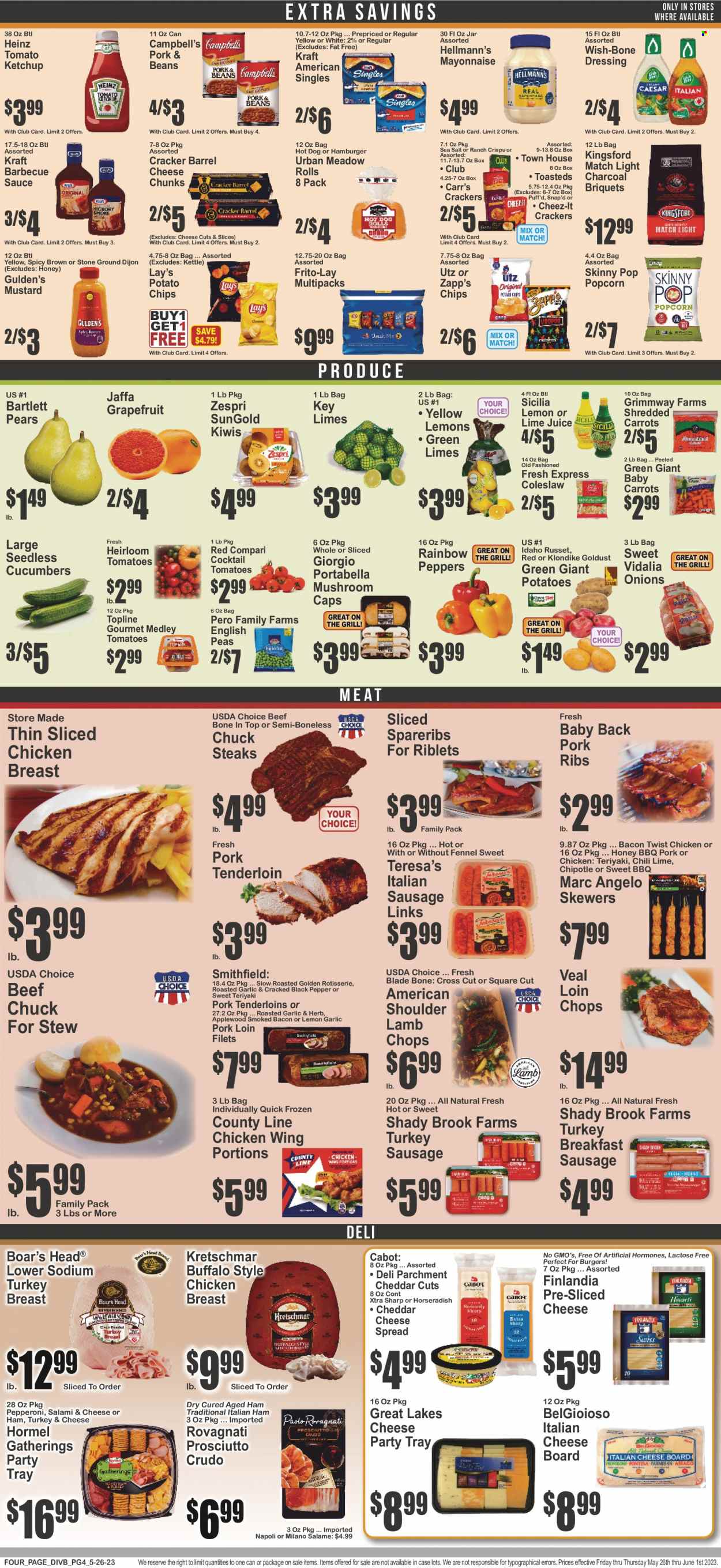 thumbnail - The Food Emporium Flyer - 05/26/2023 - 06/01/2023 - Sales products - mushrooms, beans, carrots, cucumber, russet potatoes, horseradish, peas, onion, peppers, Bartlett pears, grapefruits, kiwi, limes, pears, Campbell's, coleslaw, hot dog, hamburger, sauce, Kraft®, Hormel, Kingsford, Boar's Head, salami, prosciutto, sausage, pepperoni, italian sausage, cheese spread, sliced cheese, Kraft Singles, mayonnaise, Hellmann’s, crackers, potato chips, Lay’s, popcorn, Frito-Lay, Cheez-It, Skinny Pop, Heinz, fennel, black pepper, BBQ sauce, mustard, ketchup, dressing, honey, chicken breasts, chicken, turkey, steak, ribs, pork loin, pork meat, pork ribs, pork tenderloin, pork spare ribs, pork back ribs, lamb chops, lamb meat, XTRA. Page 4.