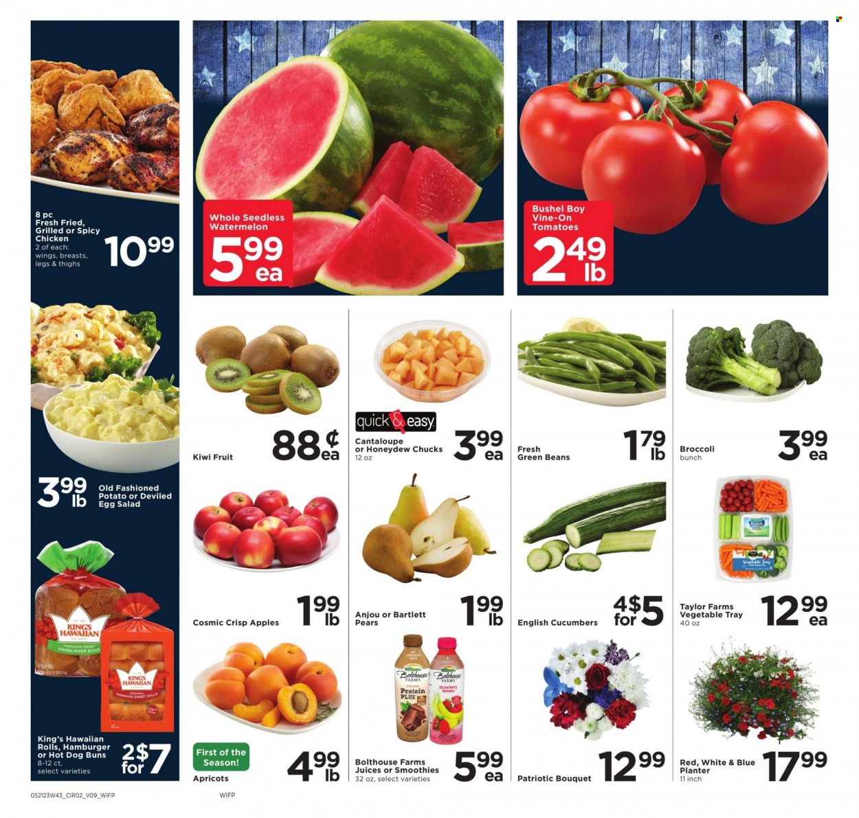 thumbnail - Cub Foods Flyer - 05/24/2023 - 05/30/2023 - Sales products - buns, burger buns, hawaiian rolls, sweet rolls, beans, broccoli, cantaloupe, cucumber, green beans, apples, Bartlett pears, kiwi, watermelon, honeydew, pears, apricots, chocolate, juice, chicken. Page 3.