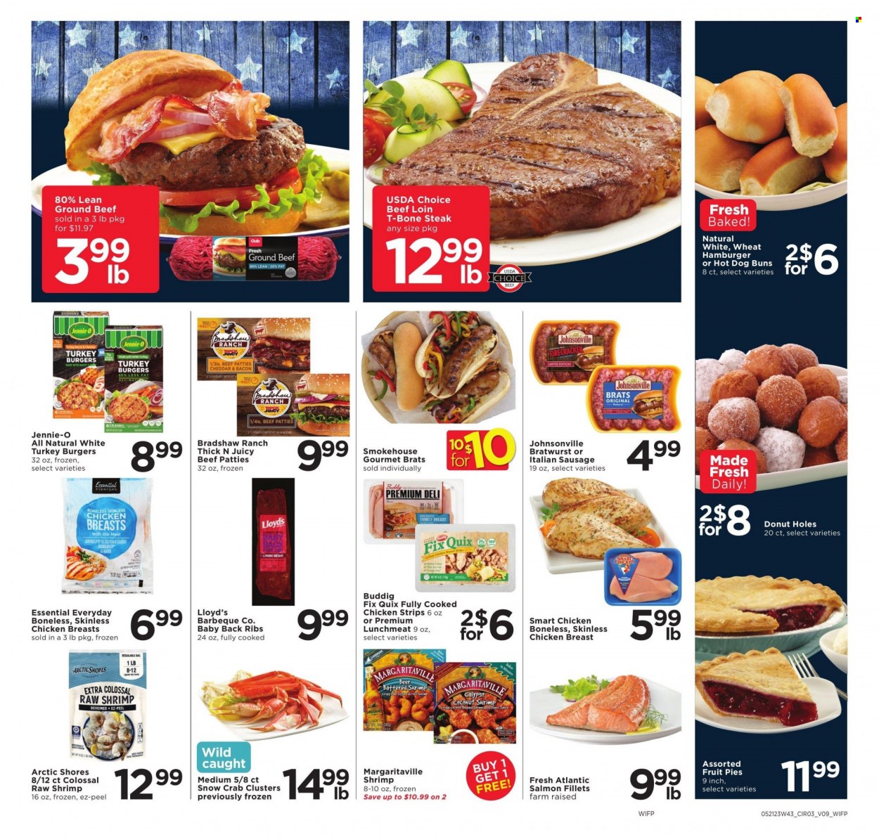thumbnail - Cub Foods Flyer - 05/24/2023 - 05/30/2023 - Sales products - pie, buns, donut holes, salmon, salmon fillet, crab, shrimps, Arctic Shores, crab clusters, Johnsonville, bratwurst, italian sausage, lunch meat, cheese, strips, chicken strips, alcohol, beer, turkey breast, chicken breasts, chicken, turkey, ground beef, t-bone steak, steak, ribs, turkey burger, pork meat, pork ribs, pork back ribs, bag. Page 4.
