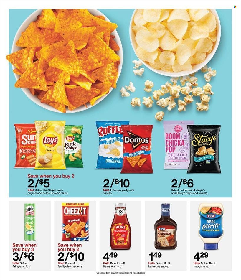 thumbnail - Target Flyer - 05/21/2023 - 05/27/2023 - Sales products - Kraft®, mayonnaise, crackers, Doritos, kettle corn, Pringles, chips, Lay’s, Frito-Lay, Cheez-It, pita chips, salty snack, Heinz, BBQ sauce, ketchup. Page 6.