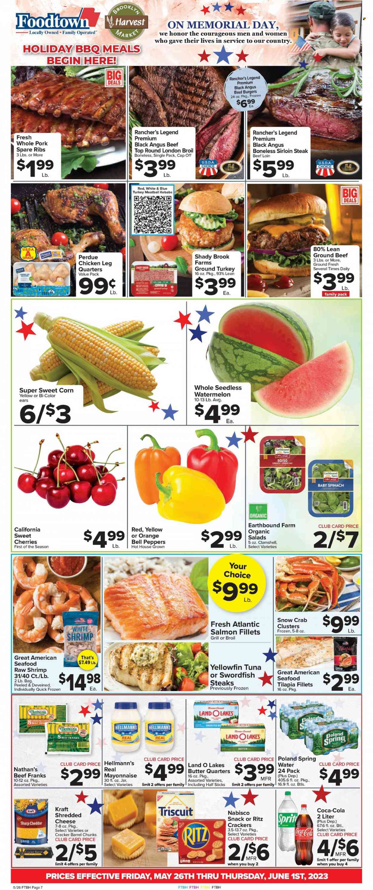 thumbnail - Foodtown Flyer - 05/26/2023 - 06/01/2023 - Sales products - bell peppers, corn, spinach, salad, peppers, sweet corn, watermelon, cherries, salmon, salmon fillet, swordfish, tilapia, tuna, seafood, crab, shrimps, crab clusters, hamburger, beef burger, Perdue®, Kraft®, ready meal, snack, frankfurters, shredded cheese, cheddar, mayonnaise, Hellmann’s, crackers, RITZ, Nabisco, Coca-Cola, soft drink, water, beer, ground turkey, chicken legs, turkey, beef meat, beef sirloin, ground beef, steak, sirloin steak, ribs, pork meat, pork ribs, pork spare ribs. Page 1.
