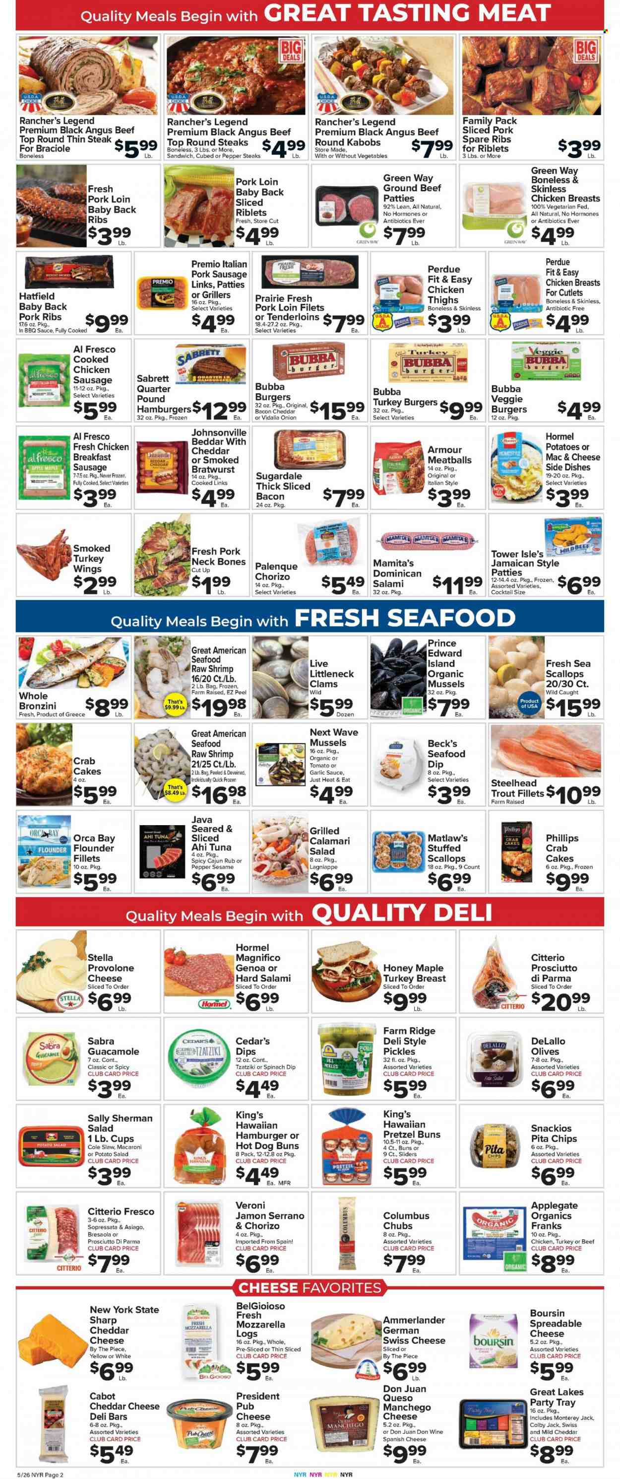 thumbnail - Foodtown Flyer - 05/26/2023 - 06/01/2023 - Sales products - pretzels, potatoes, onion, salad, calamari, clams, fish fillets, flounder, mussels, scallops, trout, tuna, seafood, shrimps, Orca Bay, crab cake, meatballs, macaroni, sauce, veggie burger, Perdue®, Hormel, Sugardale, bacon, salami, prosciutto, Johnsonville, Jamón Serrano, dry-cured ham, bratwurst, sausage, pork sausage, chicken sausage, frankfurters, tzatziki, guacamole, potato salad, asiago, Colby cheese, Manchego, mild cheddar, Monterey Jack cheese, mozzarella, swiss cheese, pub cheese, Président, feta, Provolone, dip, spinach dip, pita chips, pickles, olives, dill, garlic sauce, honey, alcohol, beer, Beck's, turkey breast, chicken breasts, chicken thighs, turkey wings, turkey, beef meat, ground beef, steak, ribs, turkey burger, pork loin, pork meat, pork ribs, pork spare ribs, pork back ribs, WAVE, cup. Page 4.