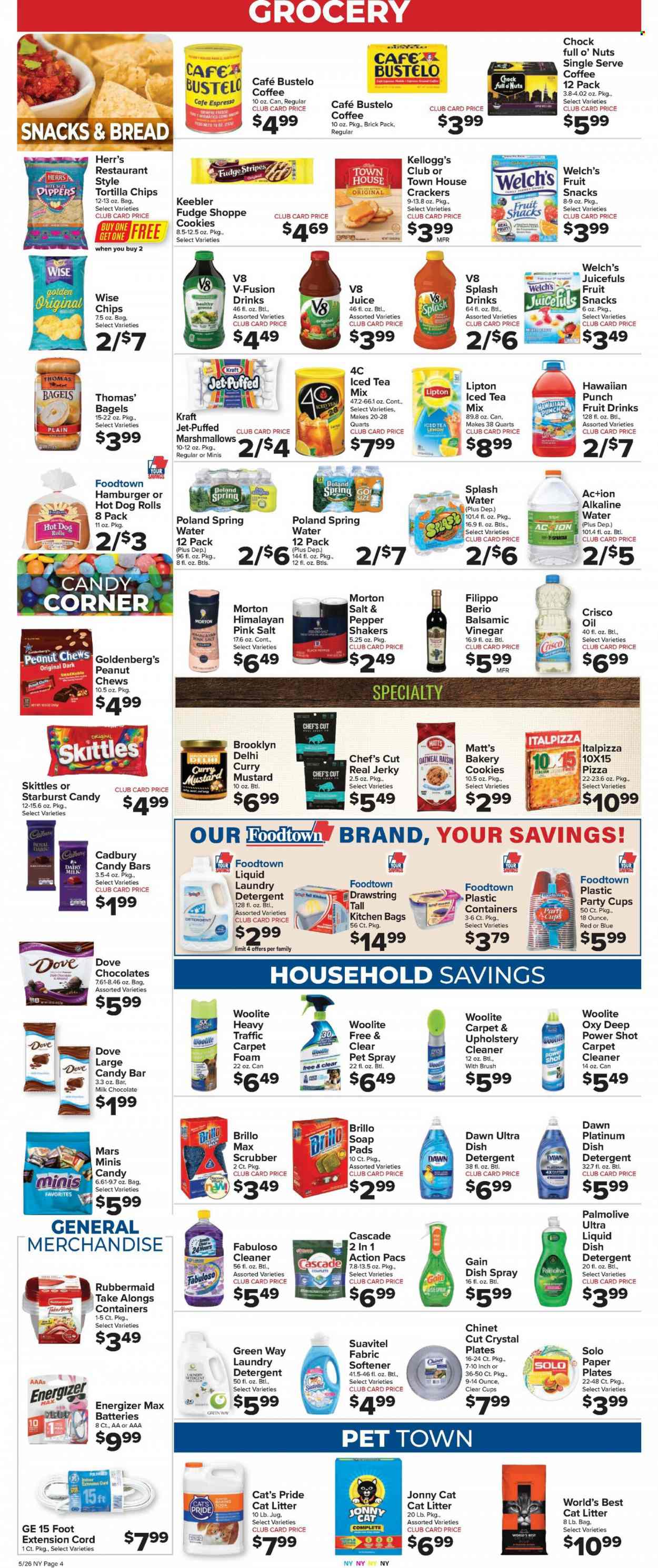 thumbnail - Foodtown Flyer - 05/26/2023 - 06/01/2023 - Sales products - bagels, bread, hot dog rolls, corn, Welch's, tuna, pizza, hamburger, Kraft®, jerky, cookies, Dove, fudge, marshmallows, milk chocolate, chocolate, Mars, crackers, chewing gum, Kellogg's, dark chocolate, Cadbury, Skittles, fruit snack, Keebler, Starburst, candy bar, tortilla chips, chips, Crisco, oatmeal, black pepper, mustard, balsamic vinegar, juice, Lipton, ice tea, spring water, soda, alkaline water, water, coffee, ground coffee, beer, detergent, Gain, cleaner, Woolite, Fabuloso, carpet cleaner, Cascade, fabric softener, laundry detergent, Suavitel, dishwasher cleaner, Jet, Palmolive, soap, plate, paper plate, party cups, battery, Energizer, cat litter. Page 6.