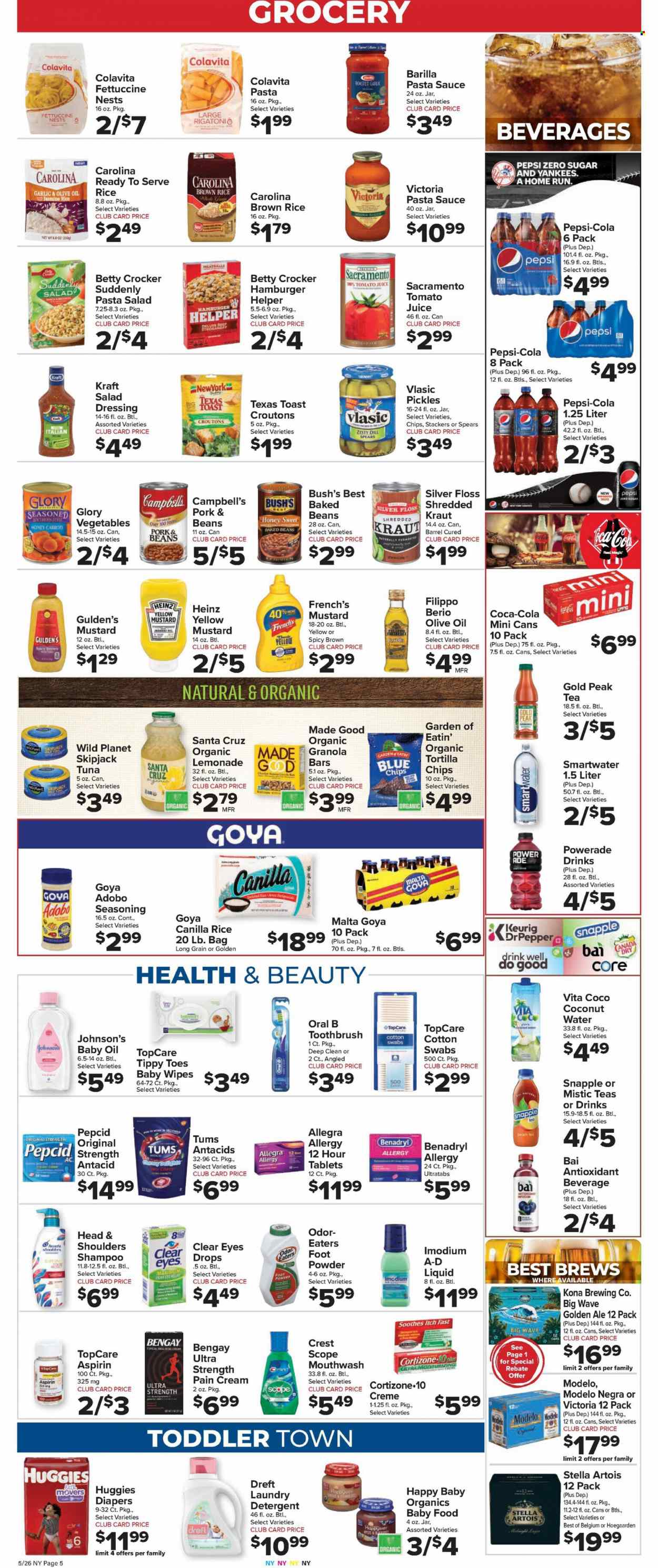 thumbnail - Foodtown Flyer - 05/26/2023 - 06/01/2023 - Sales products - tart, beans, carrots, cherries, tuna, Campbell's, pasta sauce, meatballs, sauce, Barilla, Kraft®, ready meal, pasta salad, tortilla chips, chips, croutons, Heinz, pickles, baked beans, Goya, granola bar, brown rice, rice, jasmine rice, dill, spice, adobo sauce, mustard, salad dressing, dressing, olive oil, oil, honey, Canada Dry, Coca-Cola, lemonade, tomato juice, Powerade, Pepsi, juice, energy drink, ice tea, coconut water, soft drink, Snapple, Gold Peak Tea, Bai, Smartwater, water, Keurig, beer, Stella Artois, Modelo, wipes, Huggies, baby wipes, nappies, Johnson's, baby oil, detergent, laundry detergent, WAVE, shampoo, toothbrush, Oral-B, mouthwash, Crest, Head & Shoulders, foot powder, rose, Imodium, Pepcid, Bengay, Antacid, aspirin, Benadryl. Page 7.
