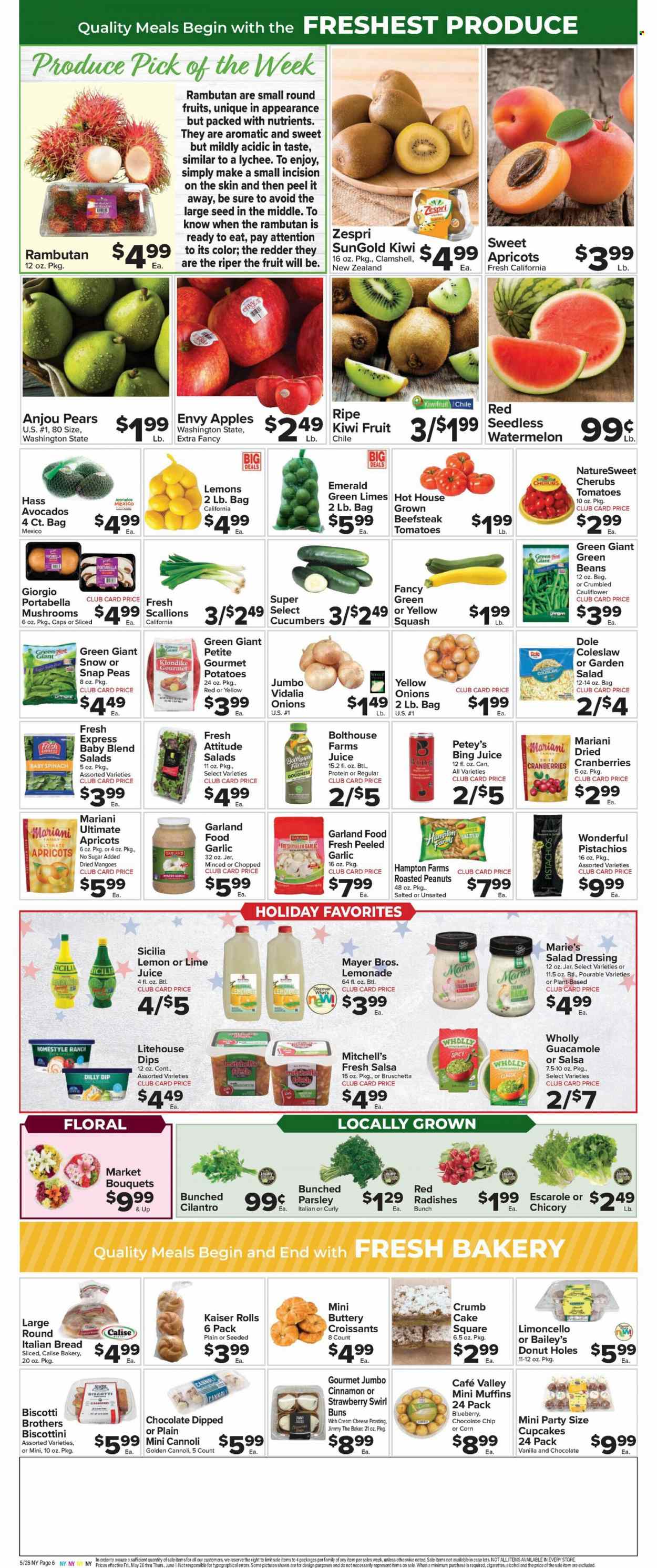 thumbnail - Foodtown Flyer - 05/26/2023 - 06/01/2023 - Sales products - bread, cake, croissant, buns, cupcake, donut holes, muffin, beans, corn, cucumber, green beans, radishes, tomatoes, potatoes, parsley, peas, onion, Dole, green onion, yellow squash, apples, kiwi, limes, mango, pears, apricots, coleslaw, bruschetta, guacamole, dip, snap peas, biscotti, chocolate chips, cranberries, lychee, cilantro, cinnamon, salad dressing, dressing, salsa, Baileys, roasted peanuts, peanuts, dried fruit, pistachios, lemonade, juice, alcohol, Limoncello, BROTHERS, Sure, bouquet, lemons. Page 8.