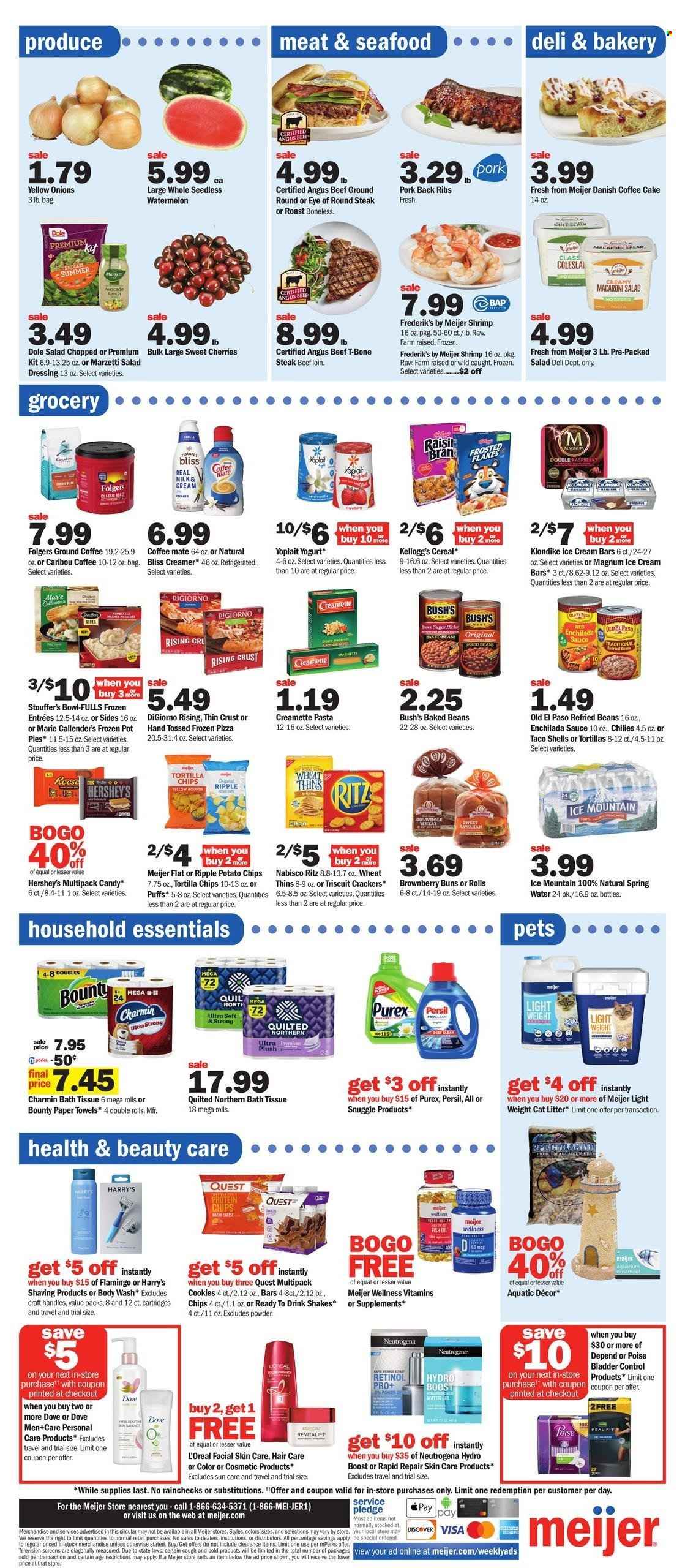 thumbnail - Meijer Flyer - 05/28/2023 - 06/03/2023 - Sales products - shoes, Skechers, basket, pot, hanging basket, shorts, chair, Intex, pool, parasol, cooling box, onion, watermelon, roast, beef meat, steak, eye of round, round steak, ribs, pork meat, pork ribs, pork back ribs, cake, coffee cake, salad, Dole, salad dressing, dressing, cherries, t-bone steak, shrimps, coffee, Folgers, ground coffee, Coffee-Mate, creamer, Kellogg's, cereals, yoghurt, Yoplait, Magnum, ice cream, ice cream bars, pie, pot pie, Marie Callender's, bowl-fulls, ready meal, Stouffer's, pizza, pasta, Creamette, beans, baked beans, tortillas, Old El Paso, sauce, enchilada sauce, refried beans, Hershey's, Candy, puffs, tortilla chips, potato chips, chips, crackers, RITZ, Nabisco, Thins, buns, spring water, Ice Mountain, water, Bounty, bath tissue, kitchen towels, paper towels, Charmin, Quilted Northern, Persil, Purex, cat litter, body wash, aquarium ornaments, shake, cookies, dietary supplement, Dove, L’Oréal, sanitary pads, Poise, Neutrogena. Page 2.